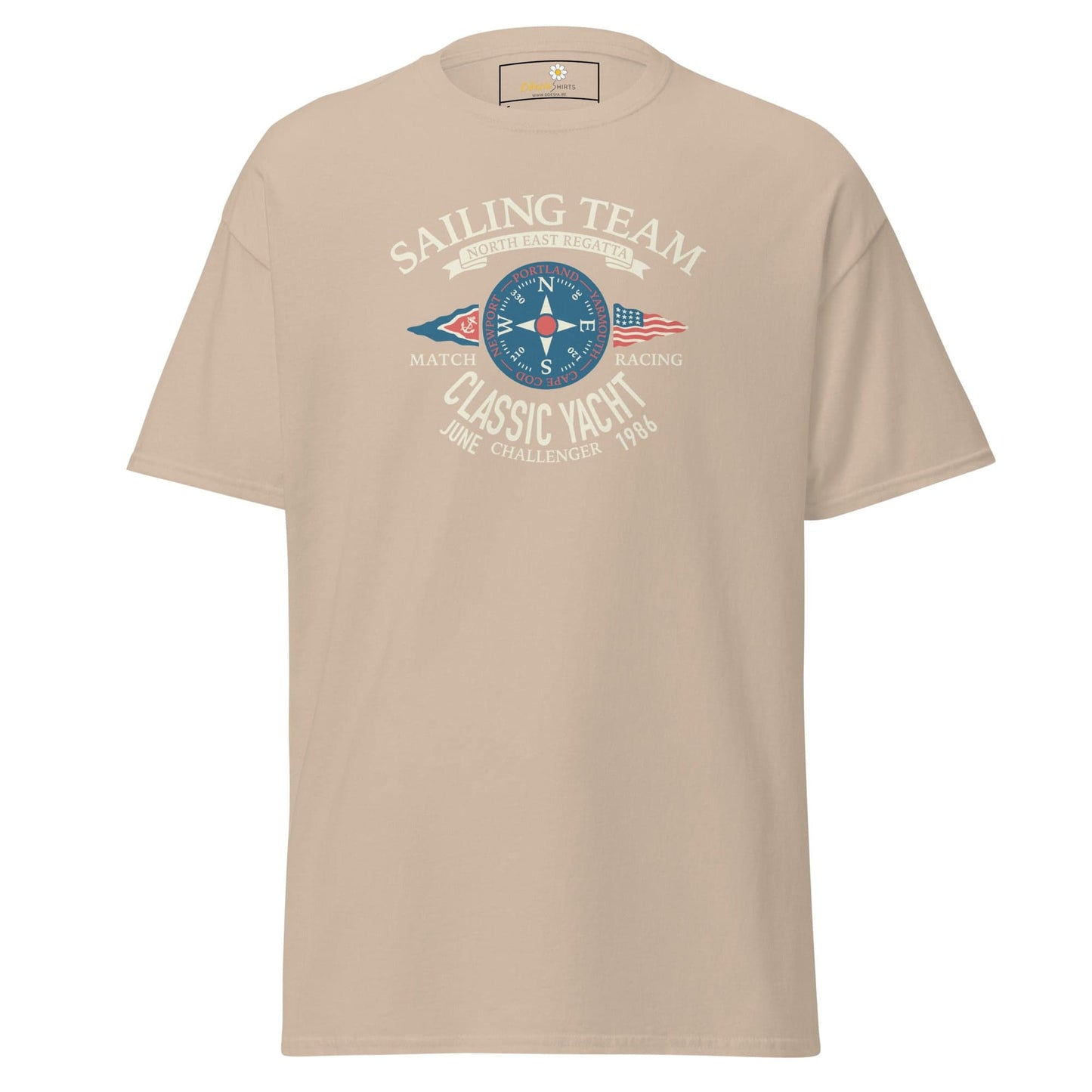 Beige T-shirt with sailing team graphic for Men and Women sizes S to XL