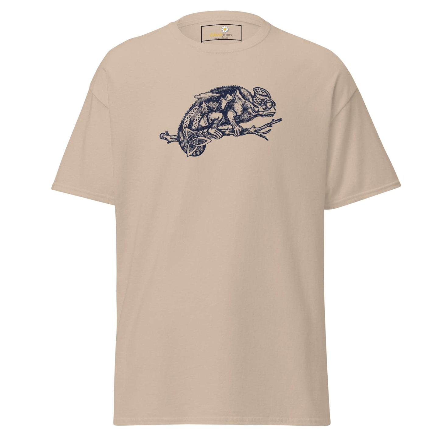 Beige T-shirt featuring a chameleon graphic, available in S to XL for men and women