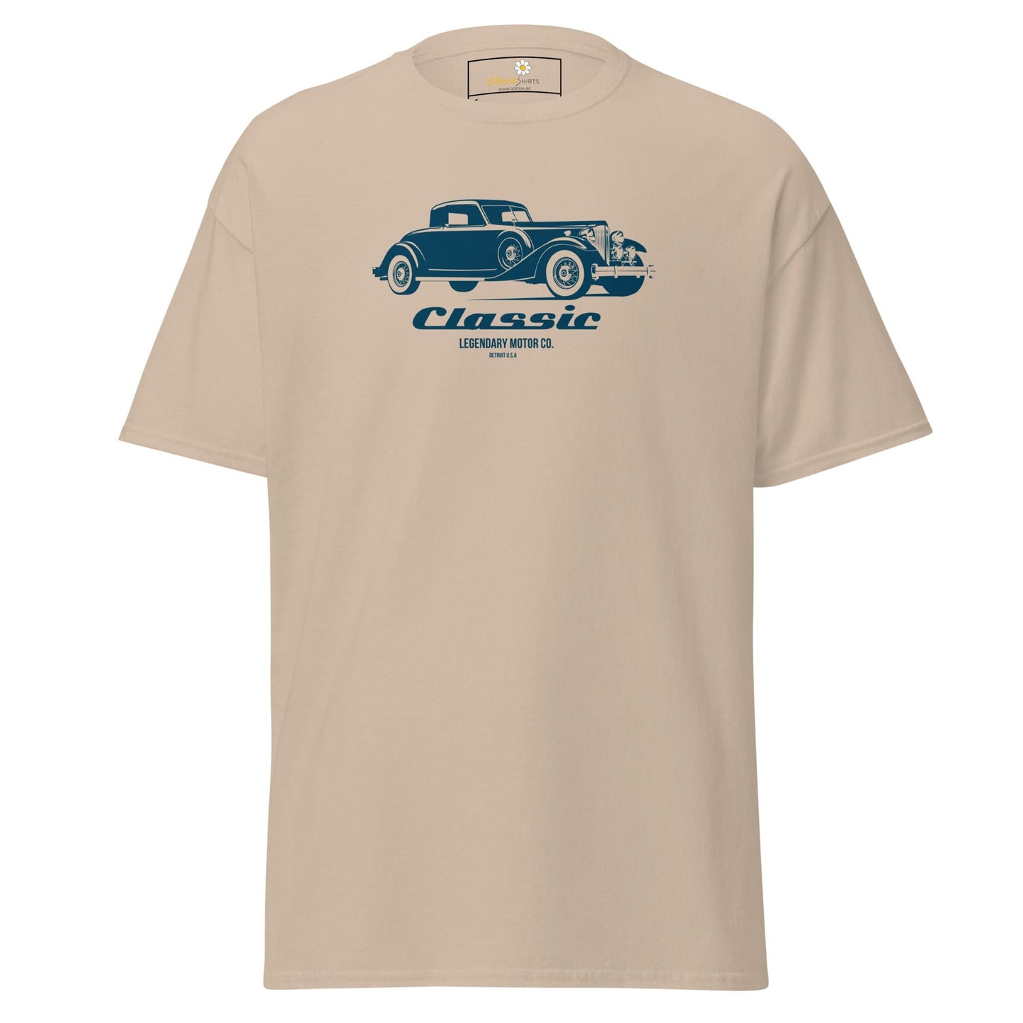 Beige T-shirt with blue classic car graphic for men and women in sizes S to XL