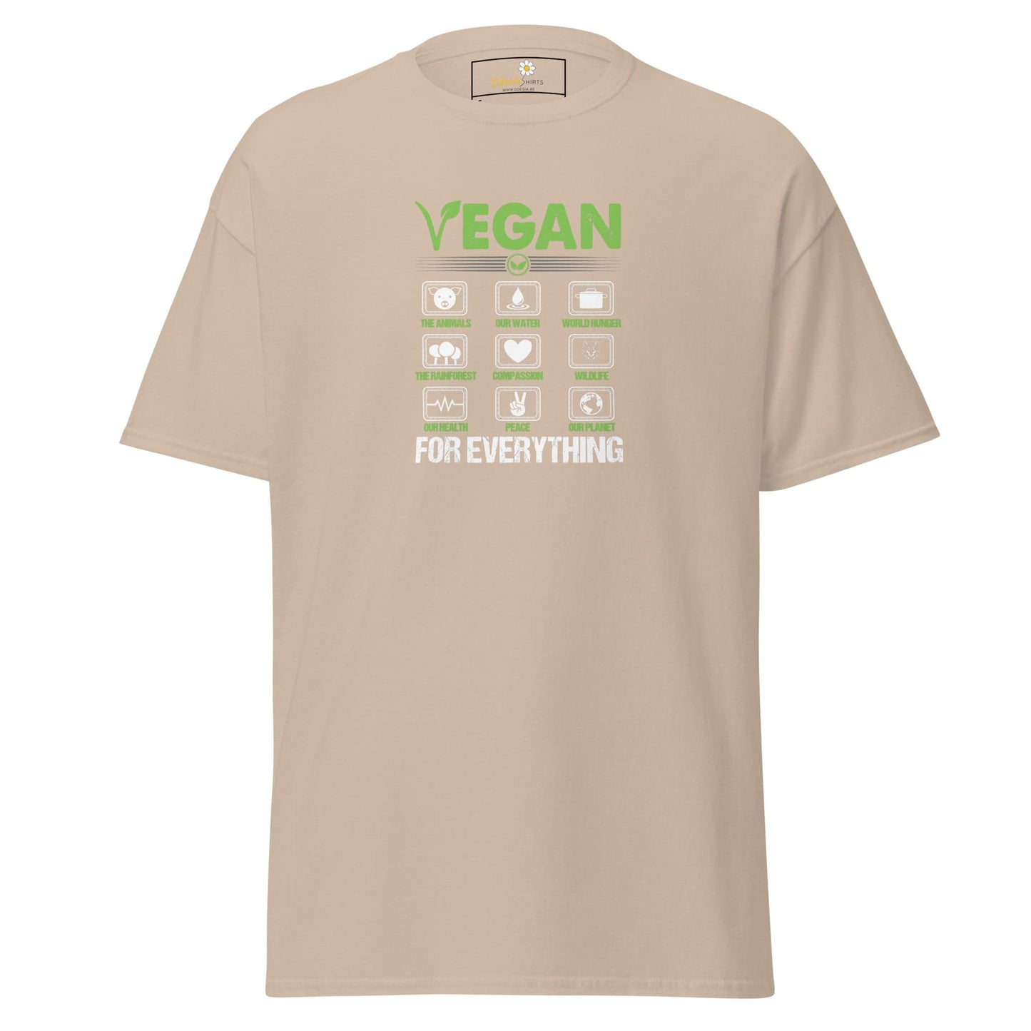 Beige T-shirt with vegan graphic design for men and women, available in sizes S to XL