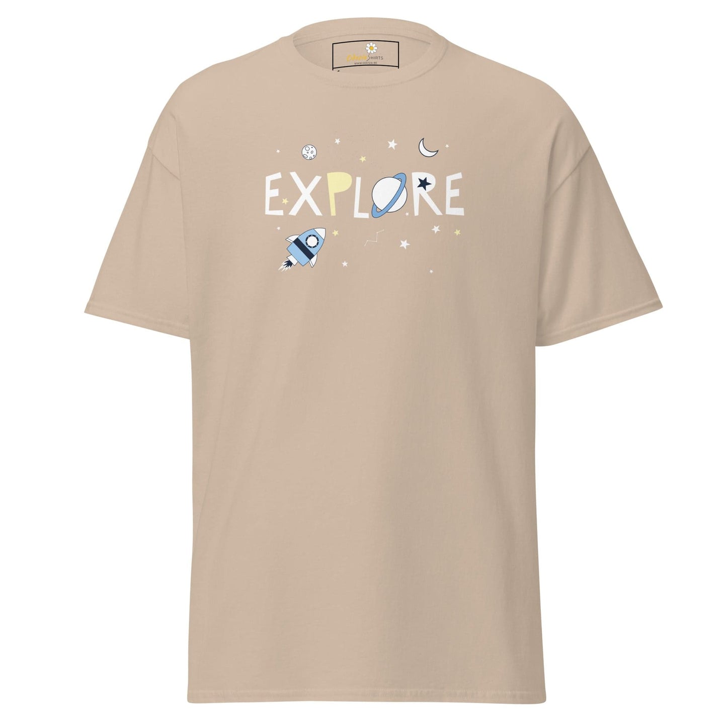 Beige T-Shirt with Space-Themed Graphic for Men and Women Sizes S to XL
