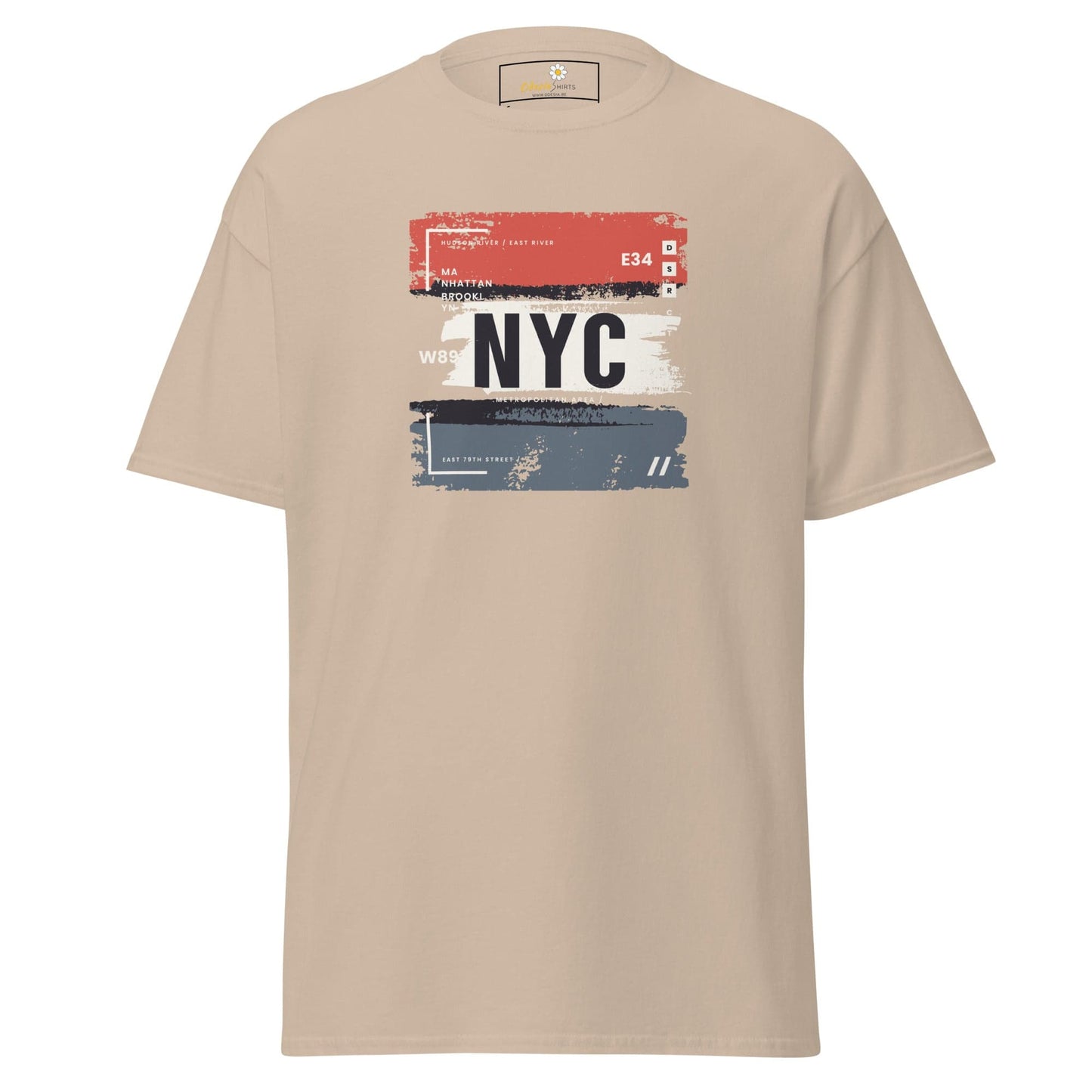 Beige T-shirt with NYC graphic for men and women, available in sizes S to XL