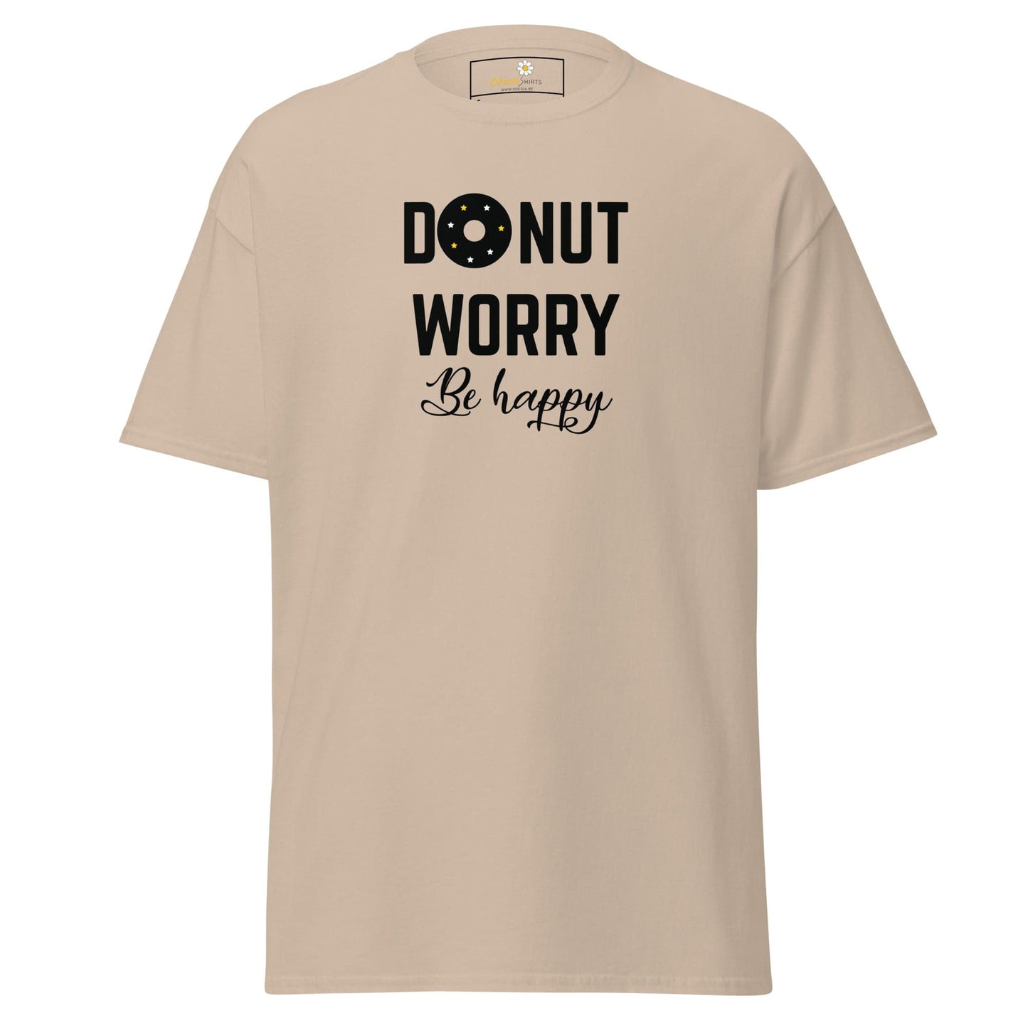 Beige T-shirt with Donut Worry Be Happy text for Men and Women in S to XL sizes