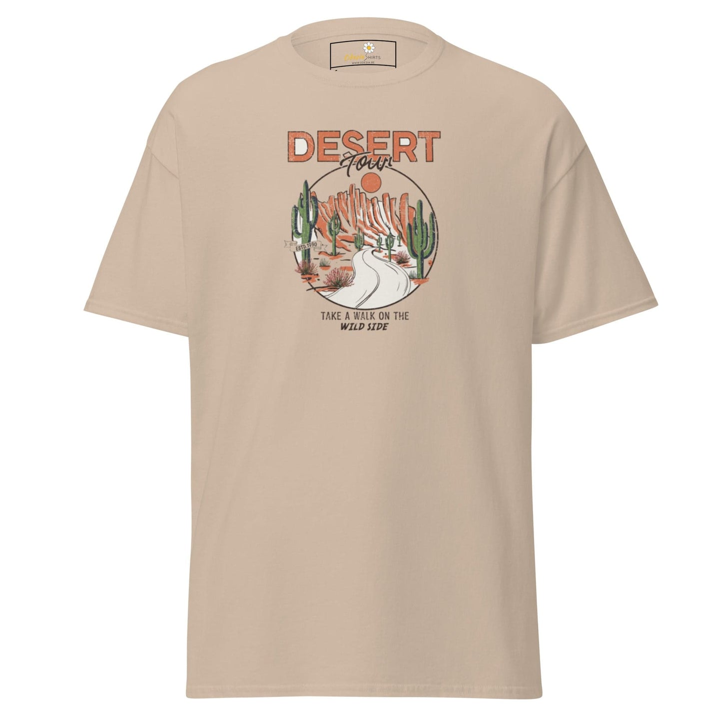 Beige T-shirt with desert graphic for men and women, available in sizes S to XL