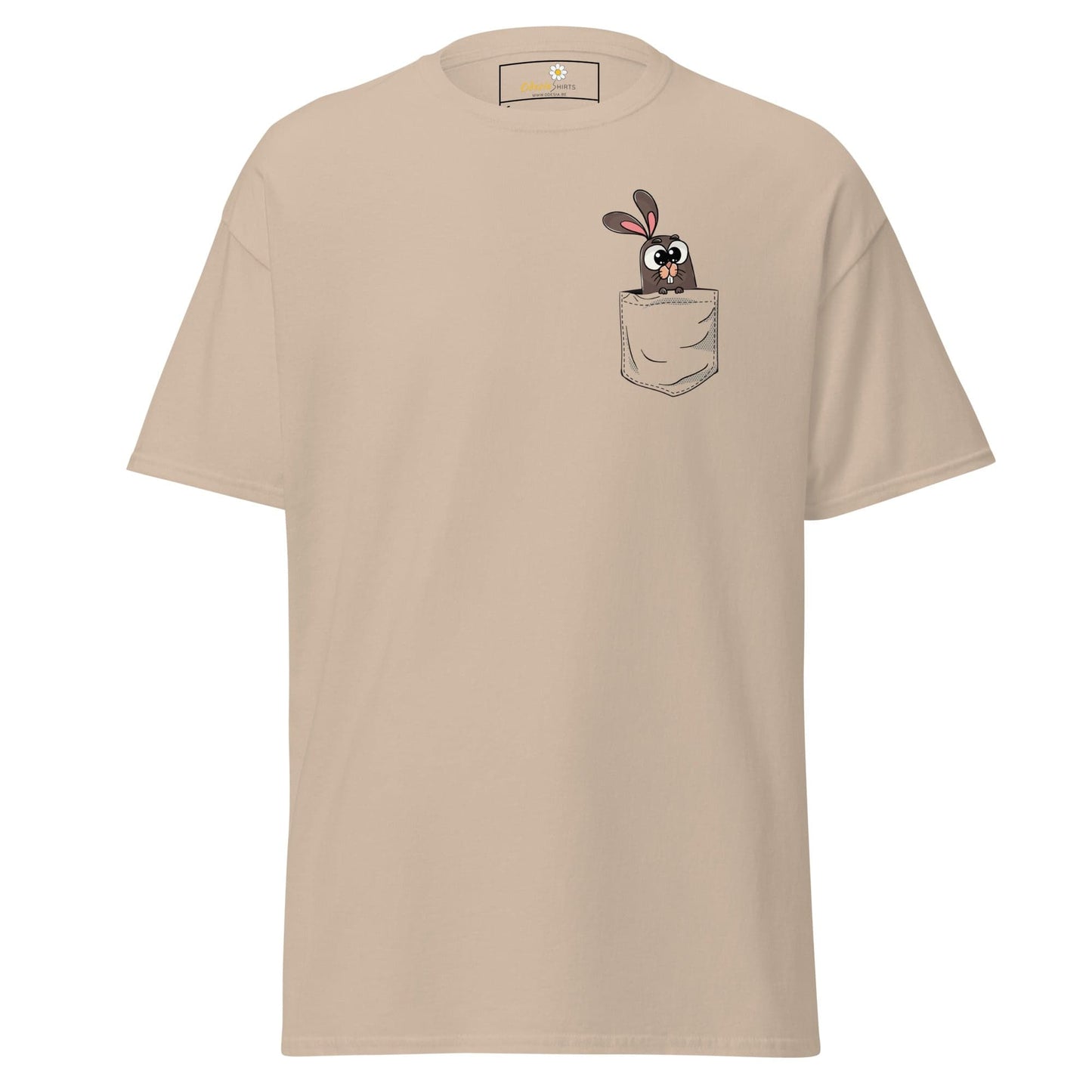 Beige T-shirt with cartoon bunny in pocket for men and women, sizes S to XL
