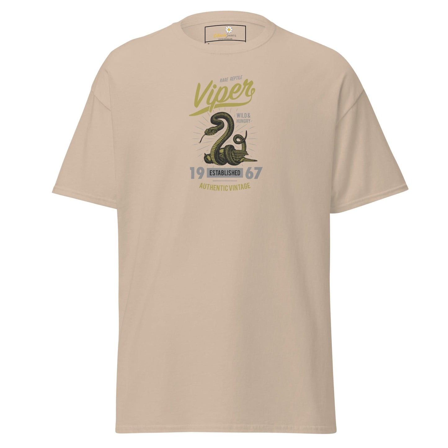 Beige T-shirt with snake graphic for men and women, available in sizes S to XL