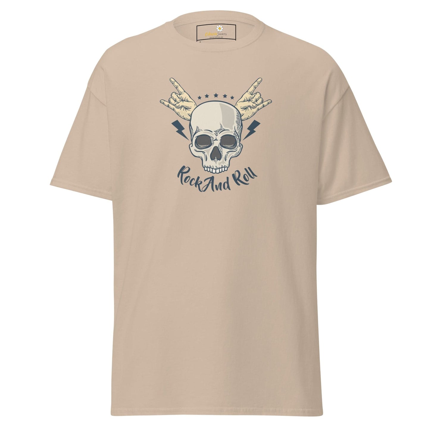 Beige T-shirt with skull graphic, suitable for men and women, available in S to XL sizes