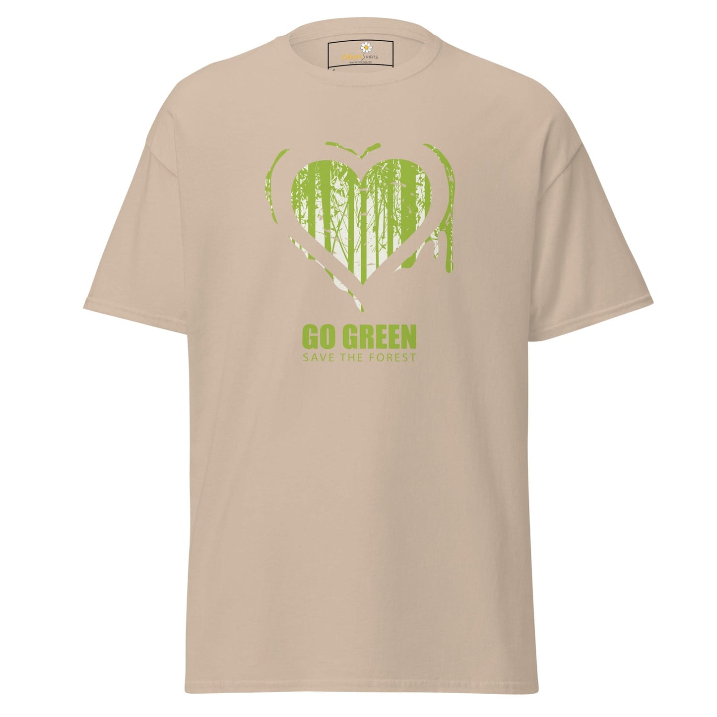 Beige T-shirt featuring green heart and tree design for Men and Women S to XL