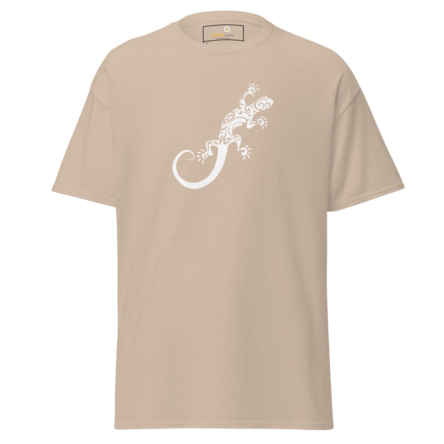 Beige T-shirt with white lizard design for men and women in sizes S to XL