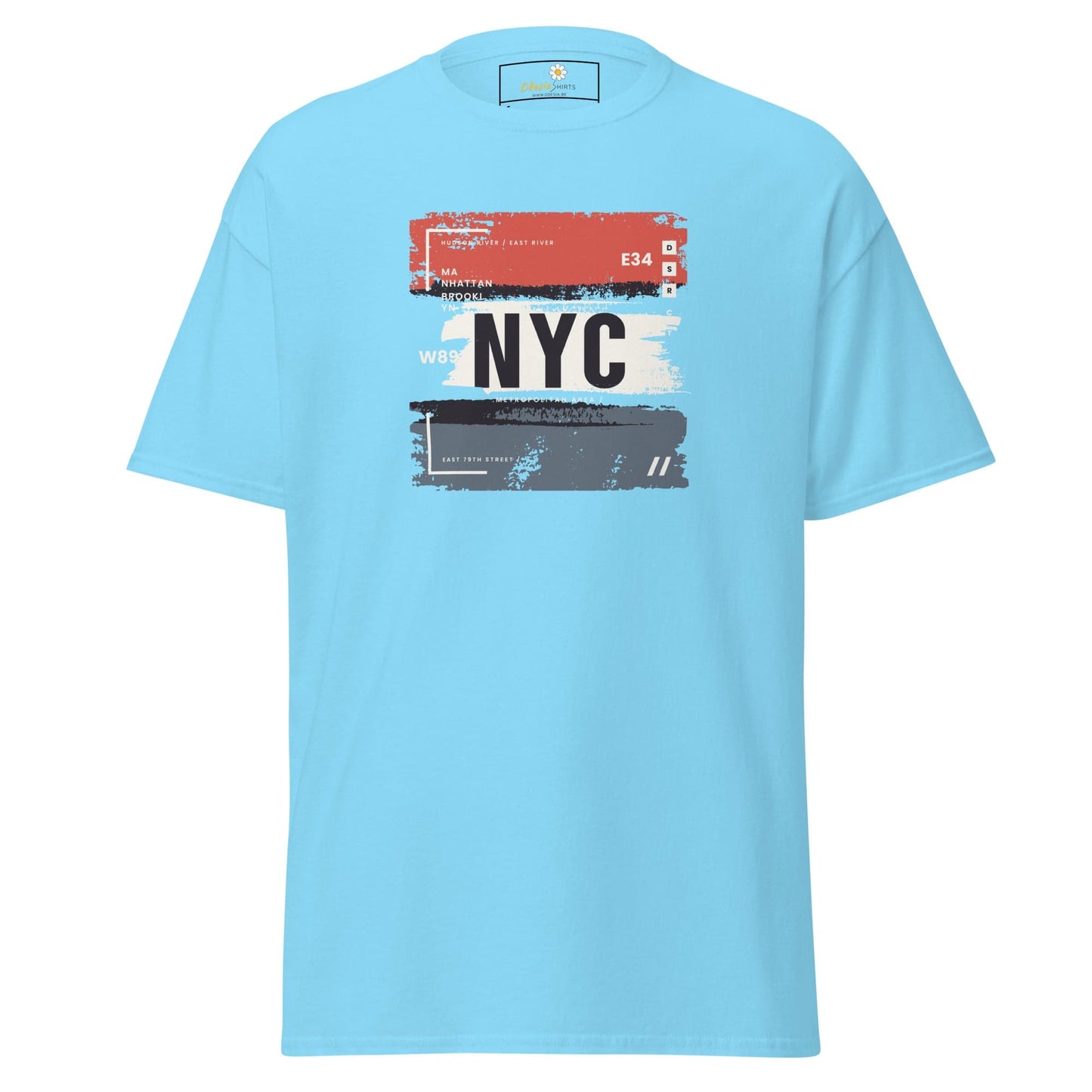 Light blue T-shirt with NYC graphic for men and women available in sizes S to XL