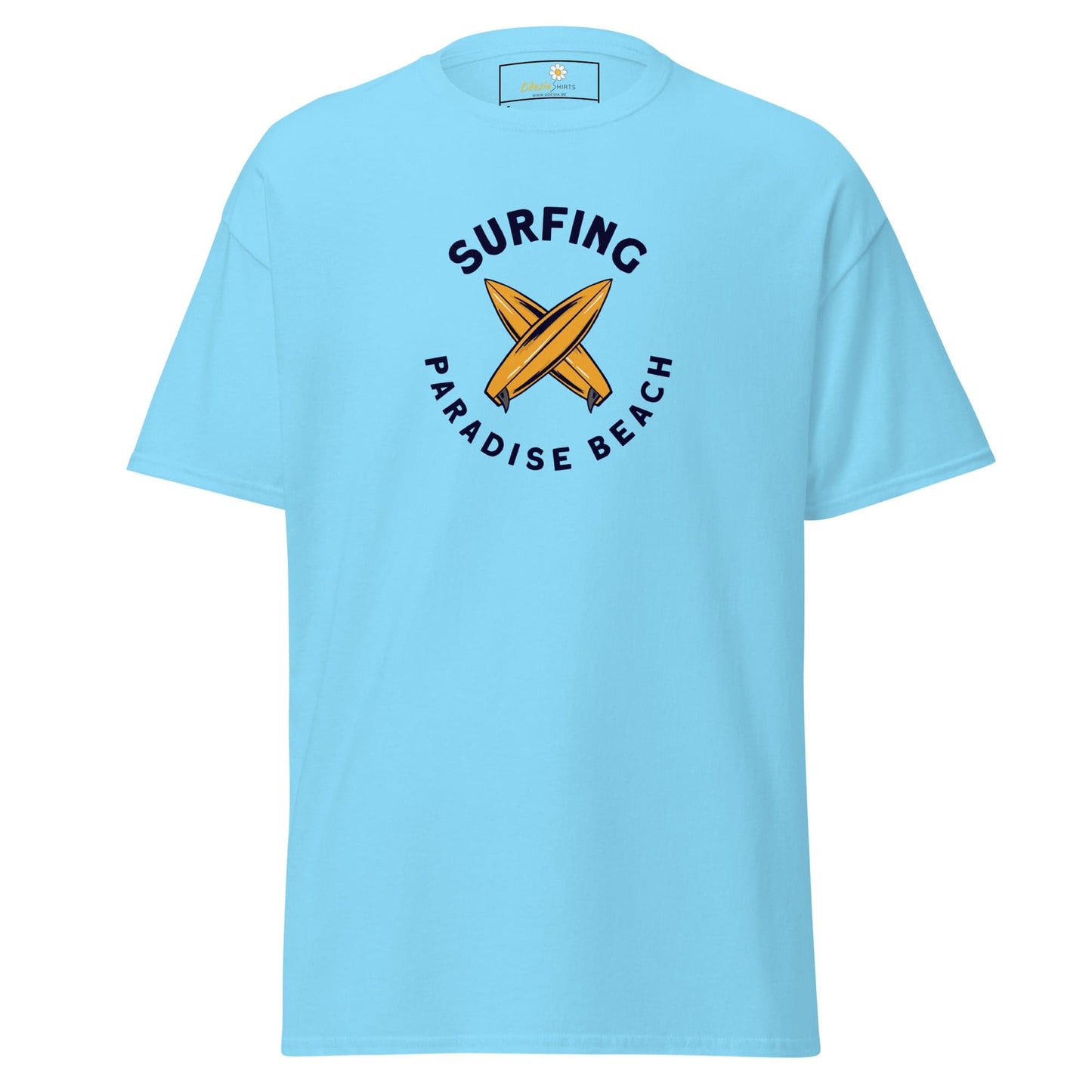 Light blue T-shirt with surfing design for men and women in sizes S to XL