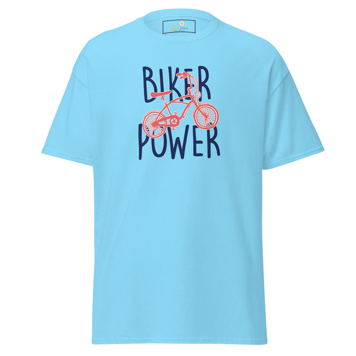 Light blue T-shirt featuring a bicycle graphic, suitable for men and women, available in sizes S to XL