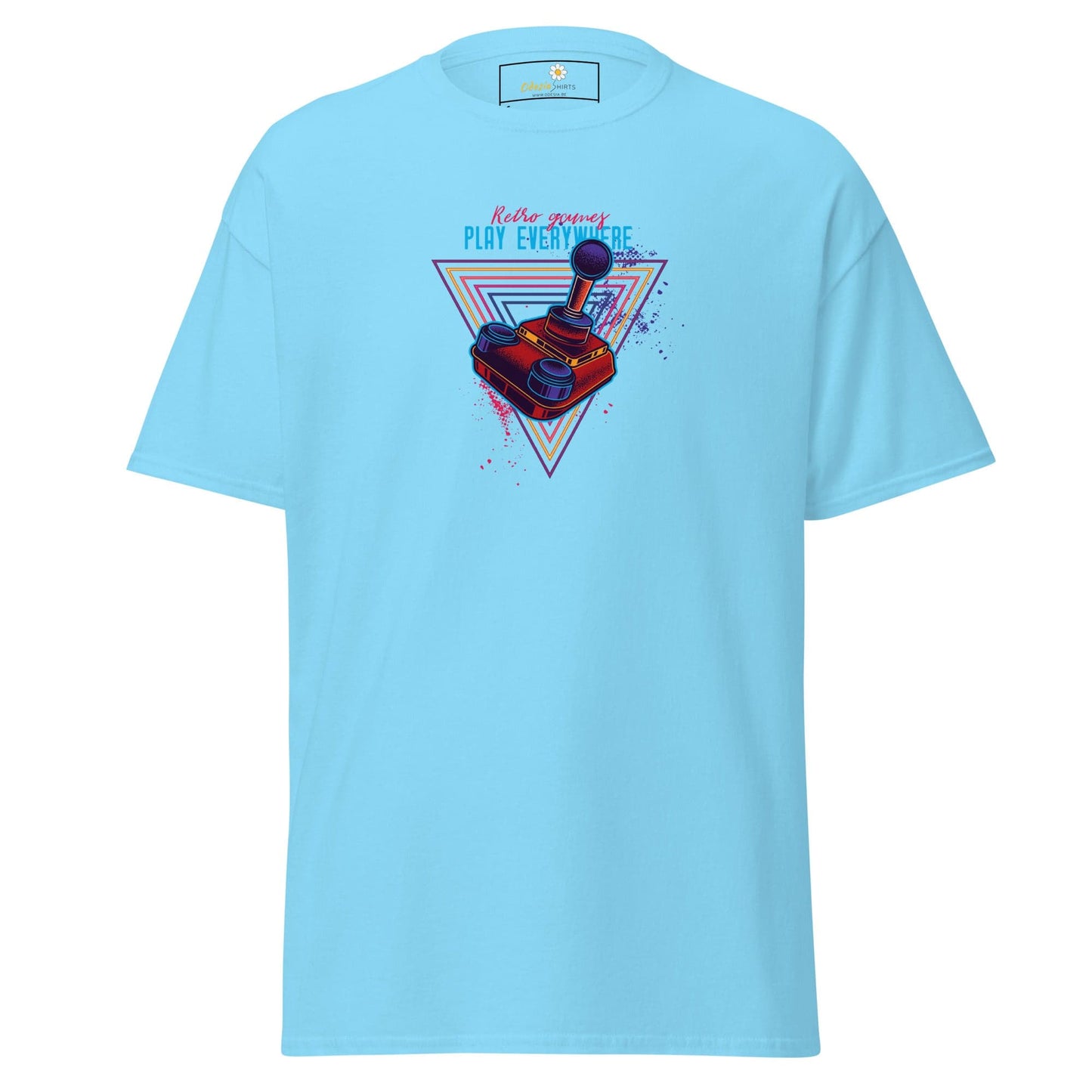 Light blue T-shirt with retro gaming design for men and women in sizes S to XL