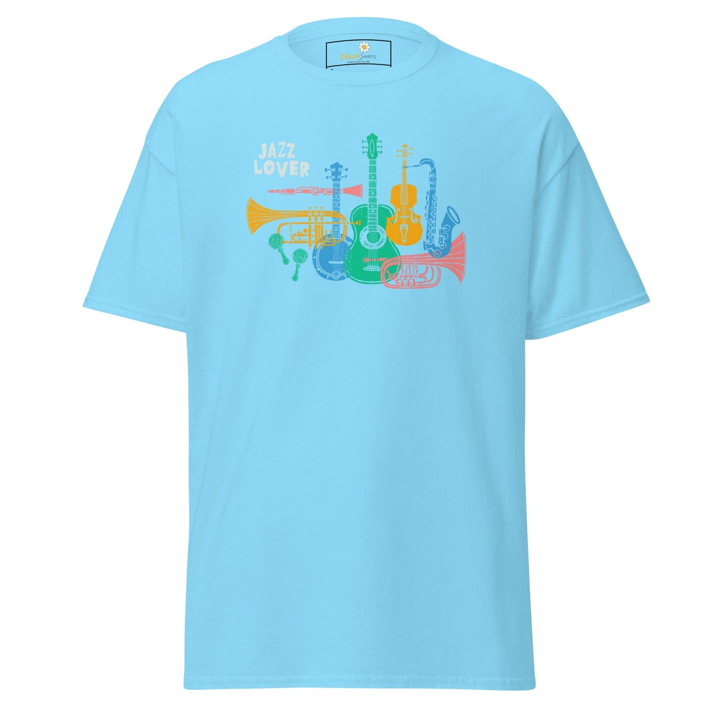 Light blue t-shirt with musical instrument graphic for men and women, available in sizes S to XL