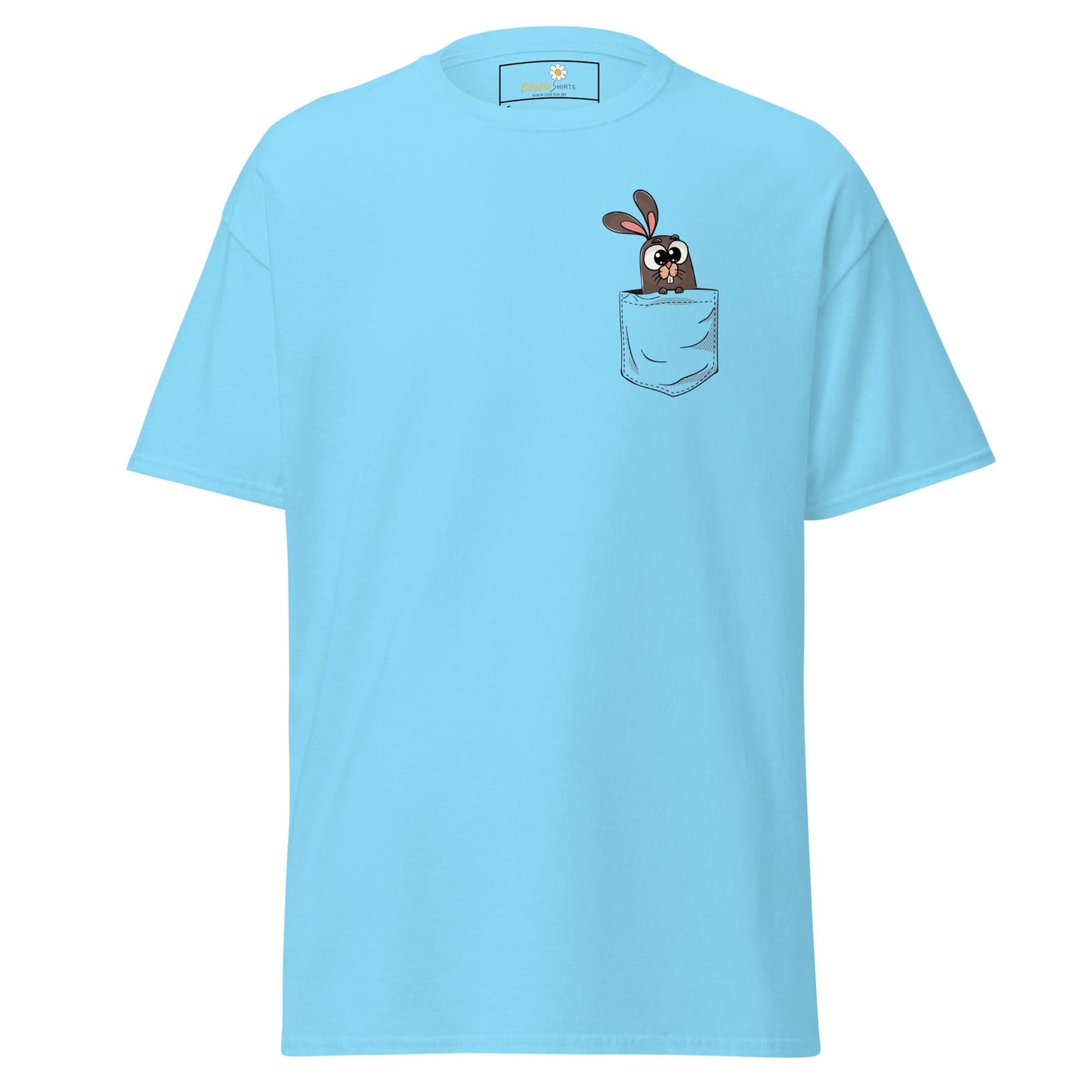 Light blue T-shirt with cartoon bunny in pocket, suitable for men and women, sizes S to XL