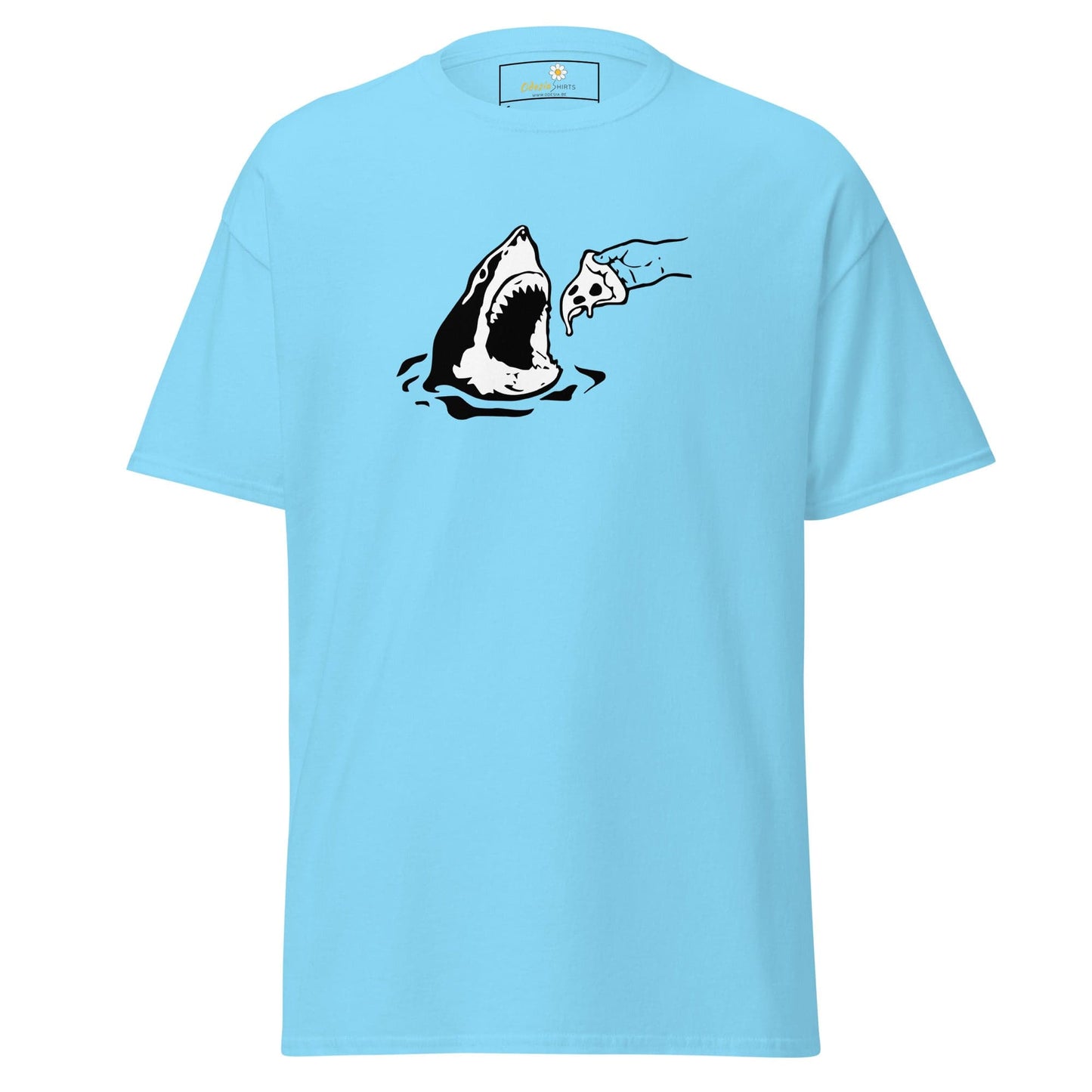 Light blue T-shirt featuring a shark and pizza graphic for men and women in sizes S to XL