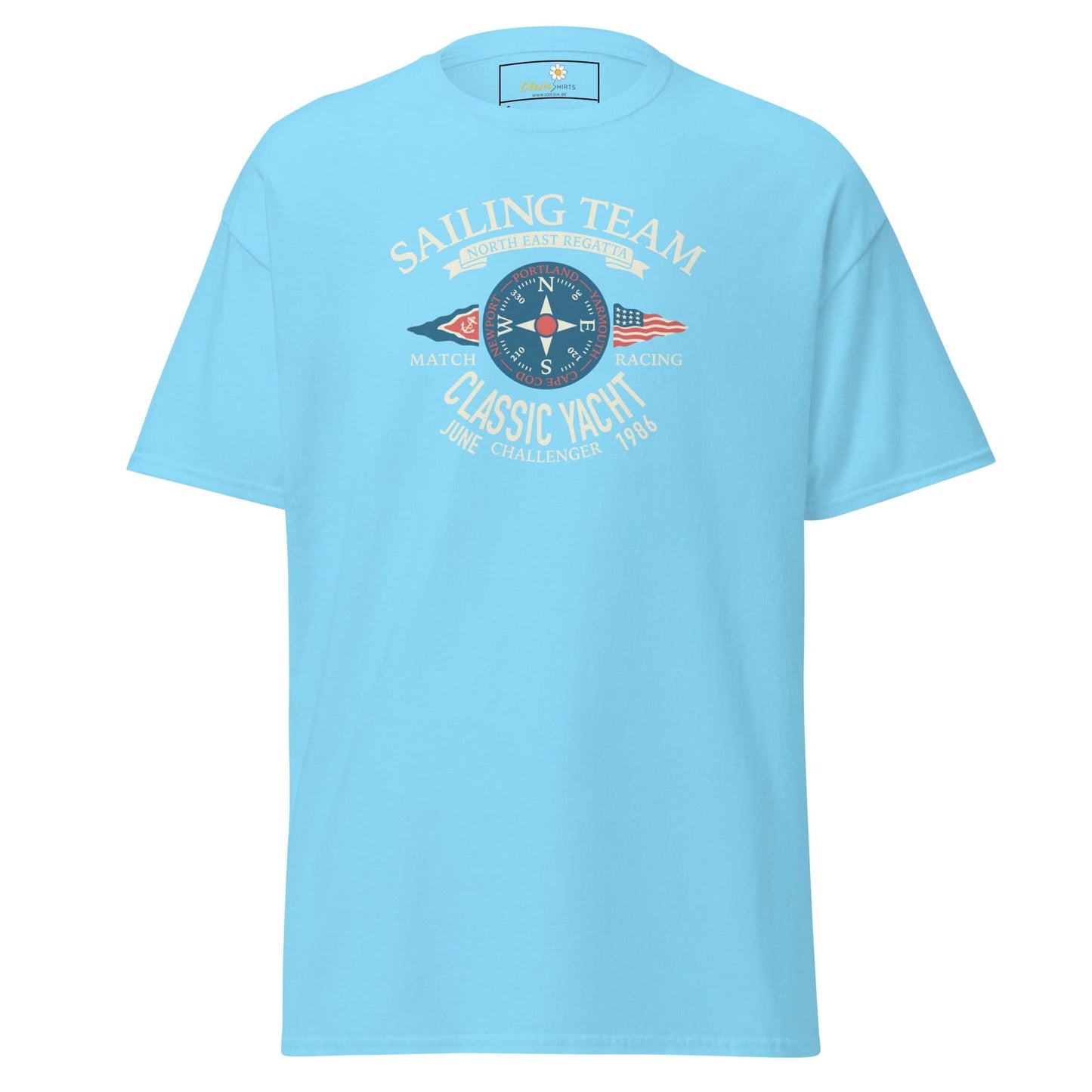 Light blue T-shirt with sailing team graphic for men and women in sizes S to XL