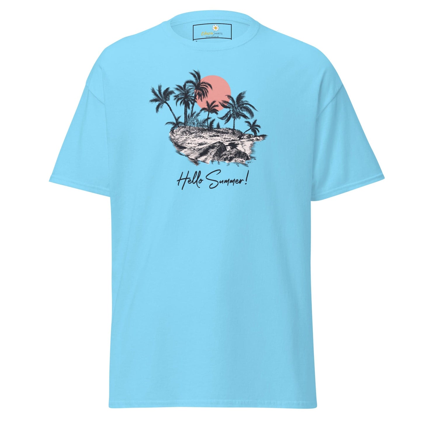 Light blue summer-themed graphic T-shirt for men and women in sizes S to XL