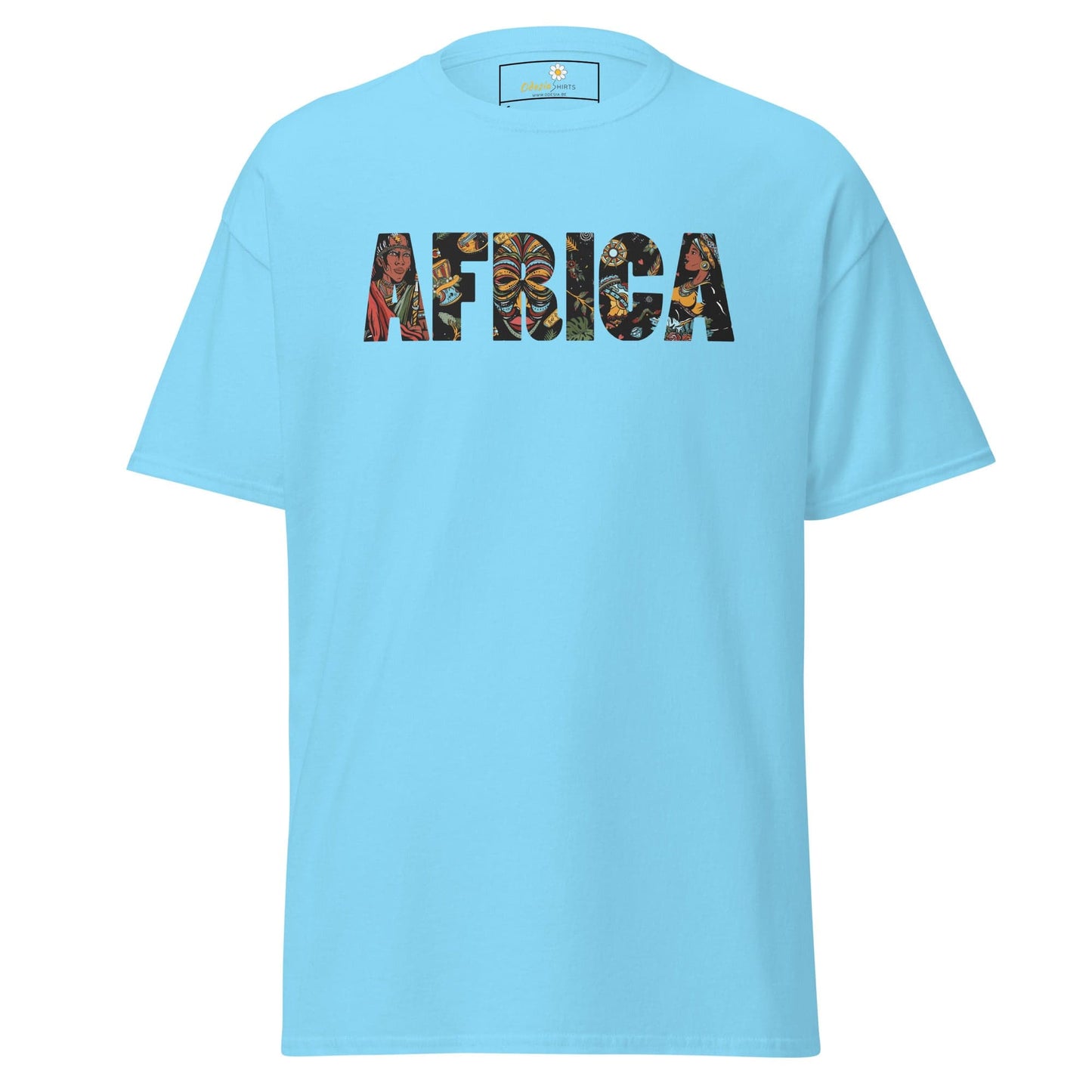 Light blue t-shirt with AFRICA text, suitable for men and women, available in sizes S to XL