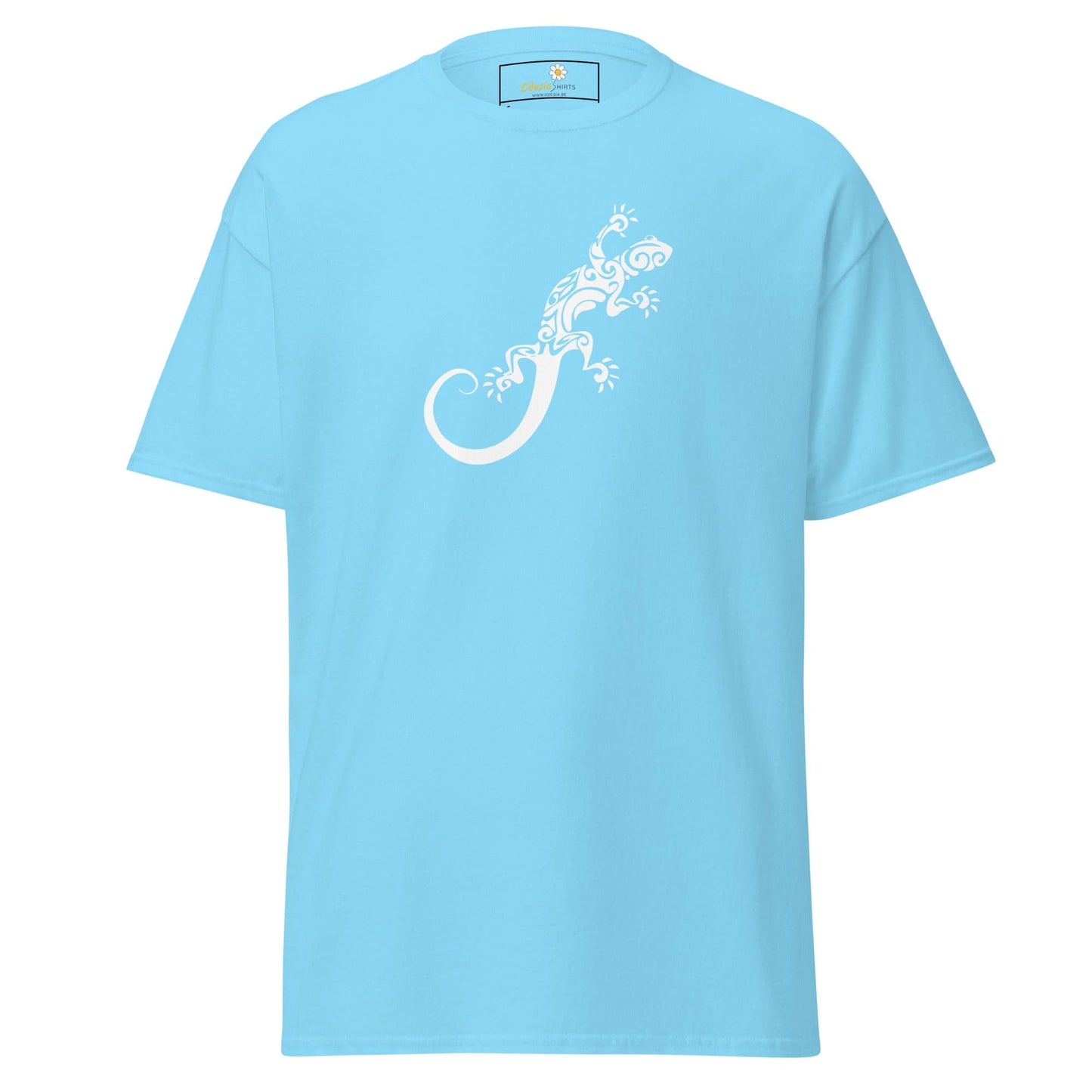 Light blue T-shirt with white lizard design for men and women, available in sizes S to XL