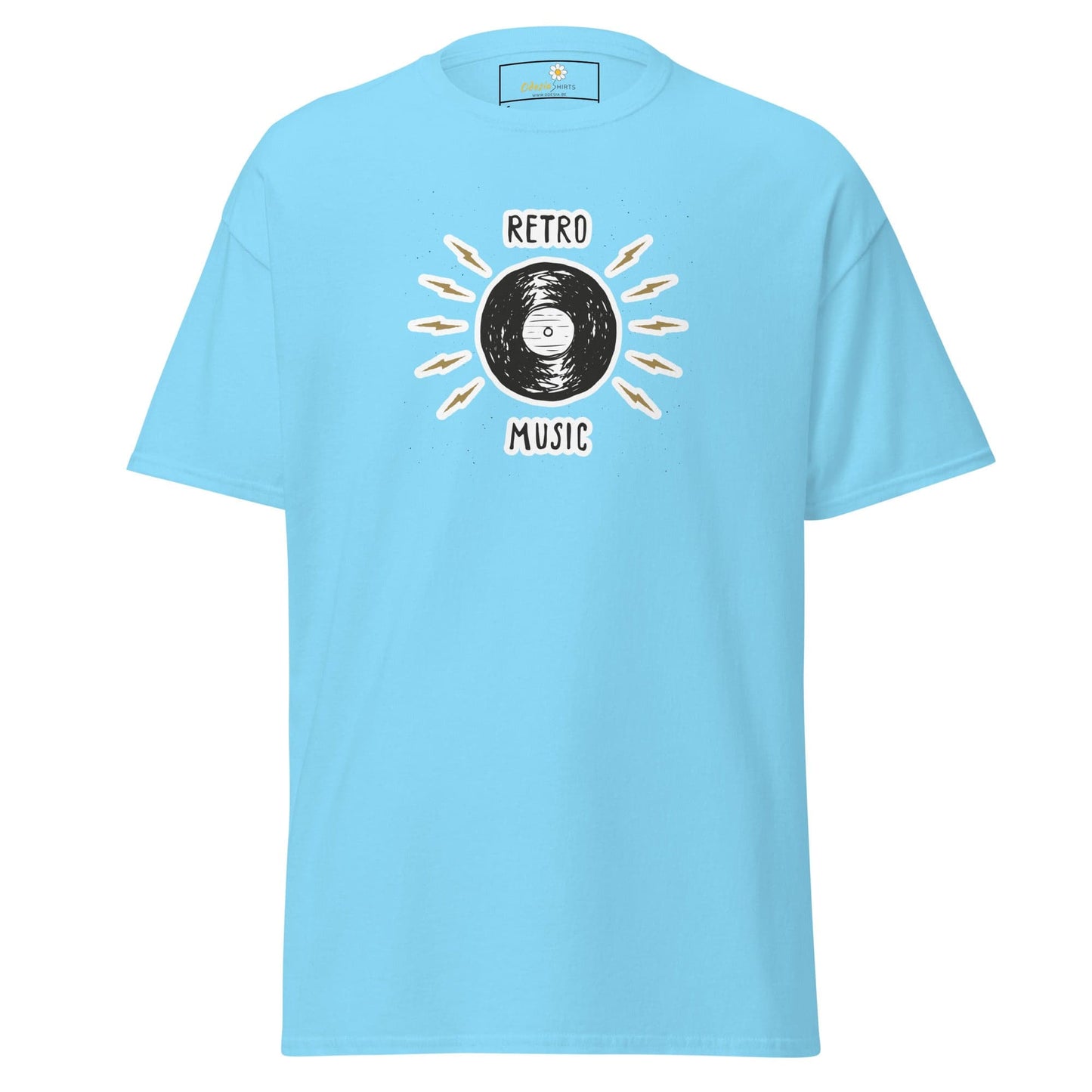 Light blue T-shirt with retro music design available in S to XL for men and women