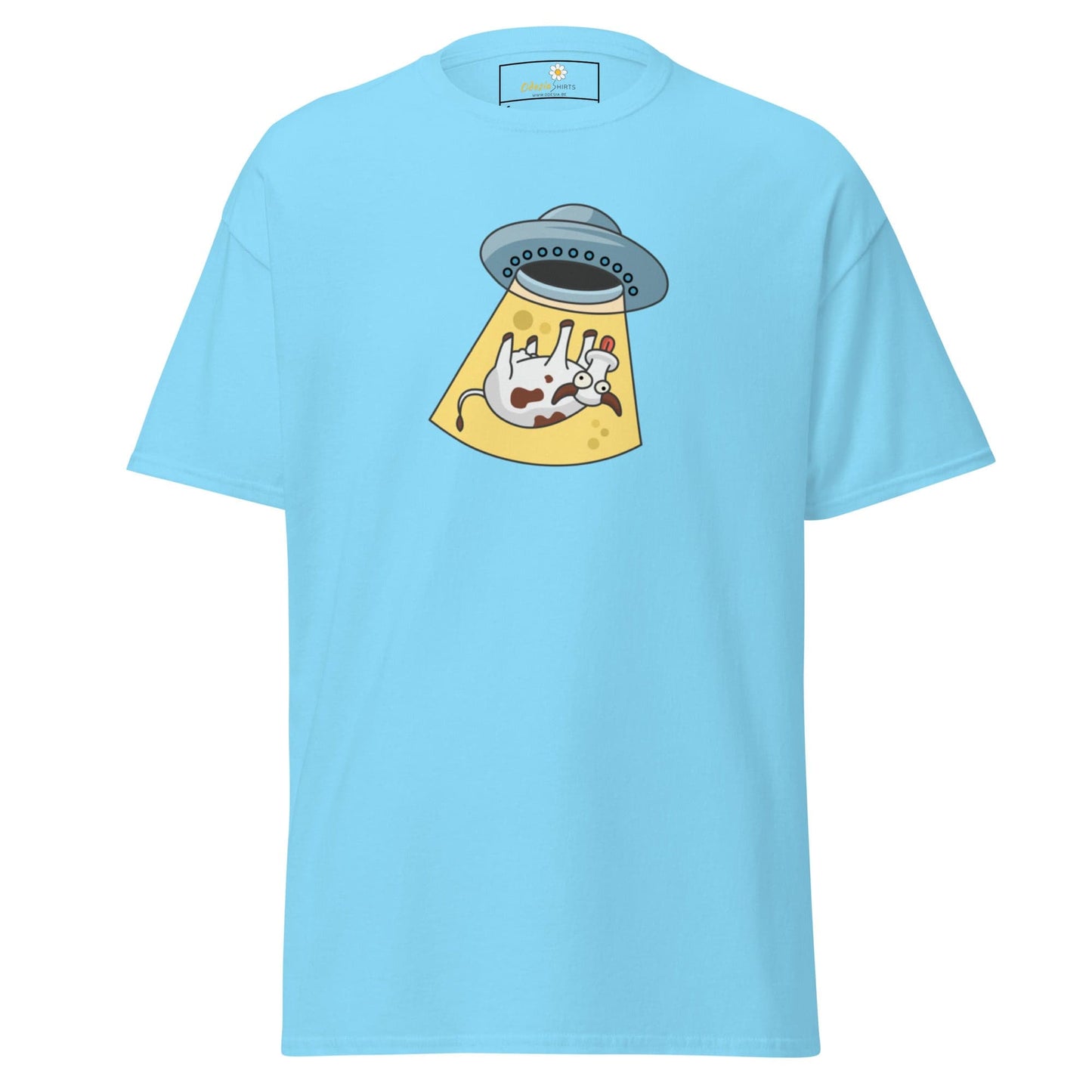 Light blue T-shirt featuring alien abduction graphic, available in S to XL for men and women