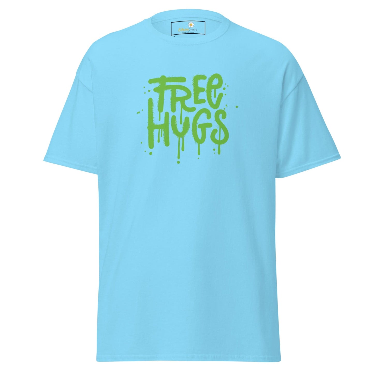 Light blue T-shirt with green Free Hugs graphic for Men and Women sizes S to XL