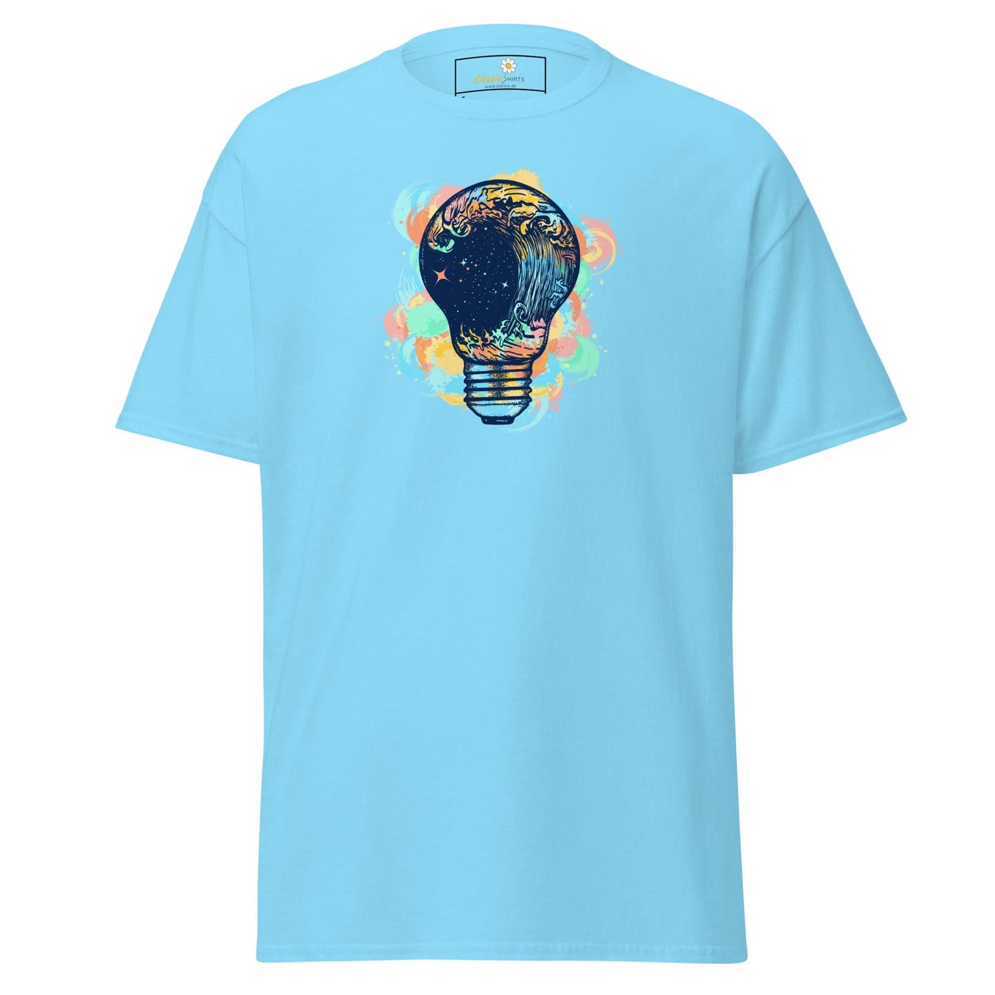 Light blue T-shirt with lightbulb design, suitable for men and women, available in S to XL