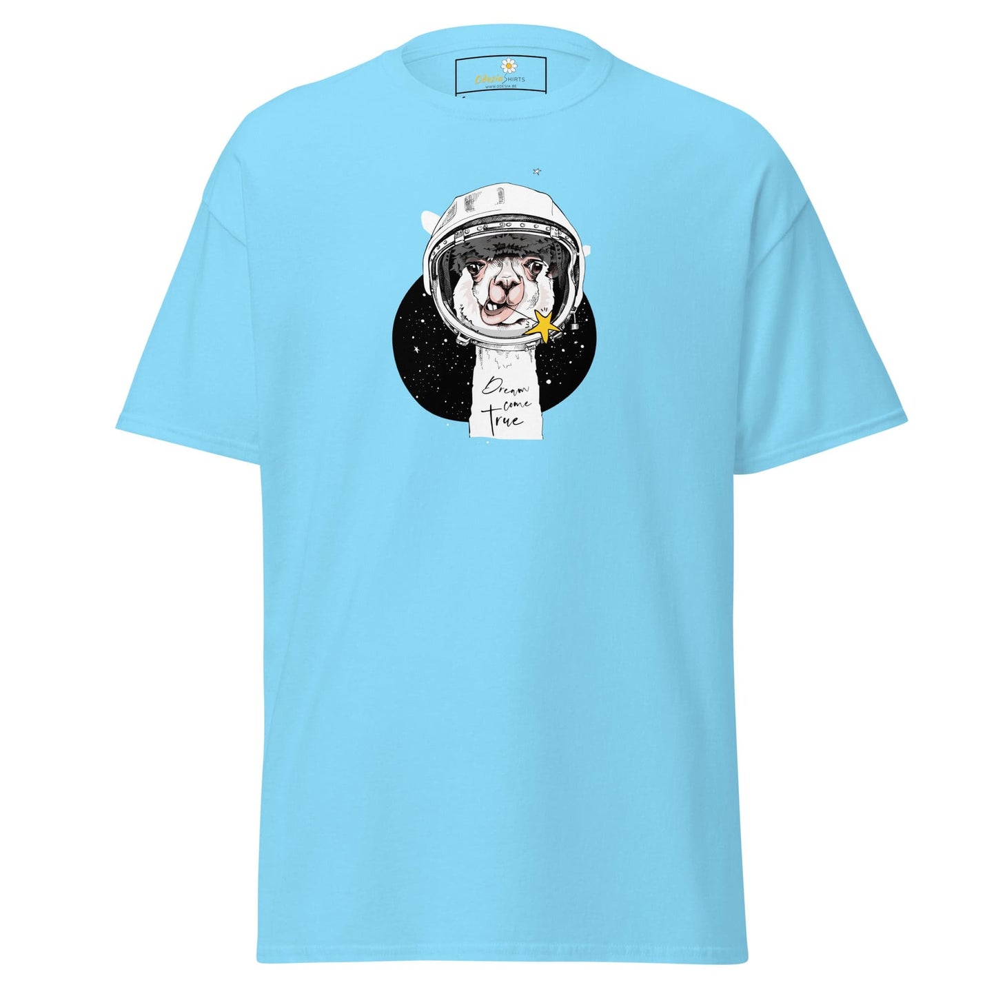 Light blue T-shirt with astronaut llama graphic, suitable for men and women sizes S to XL
