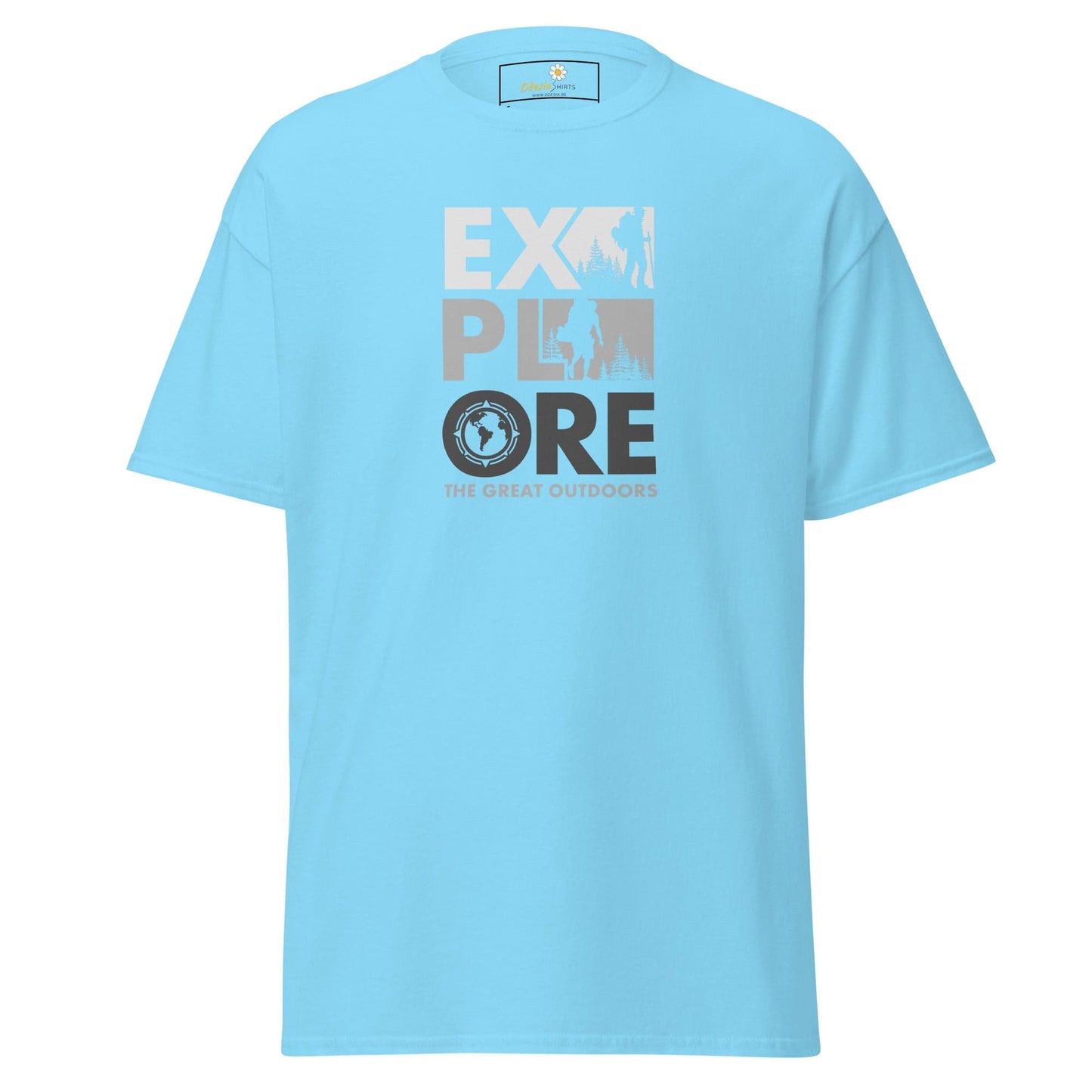 Light blue T-shirt with Explore the Great Outdoors graphic for men and women sizes S to XL