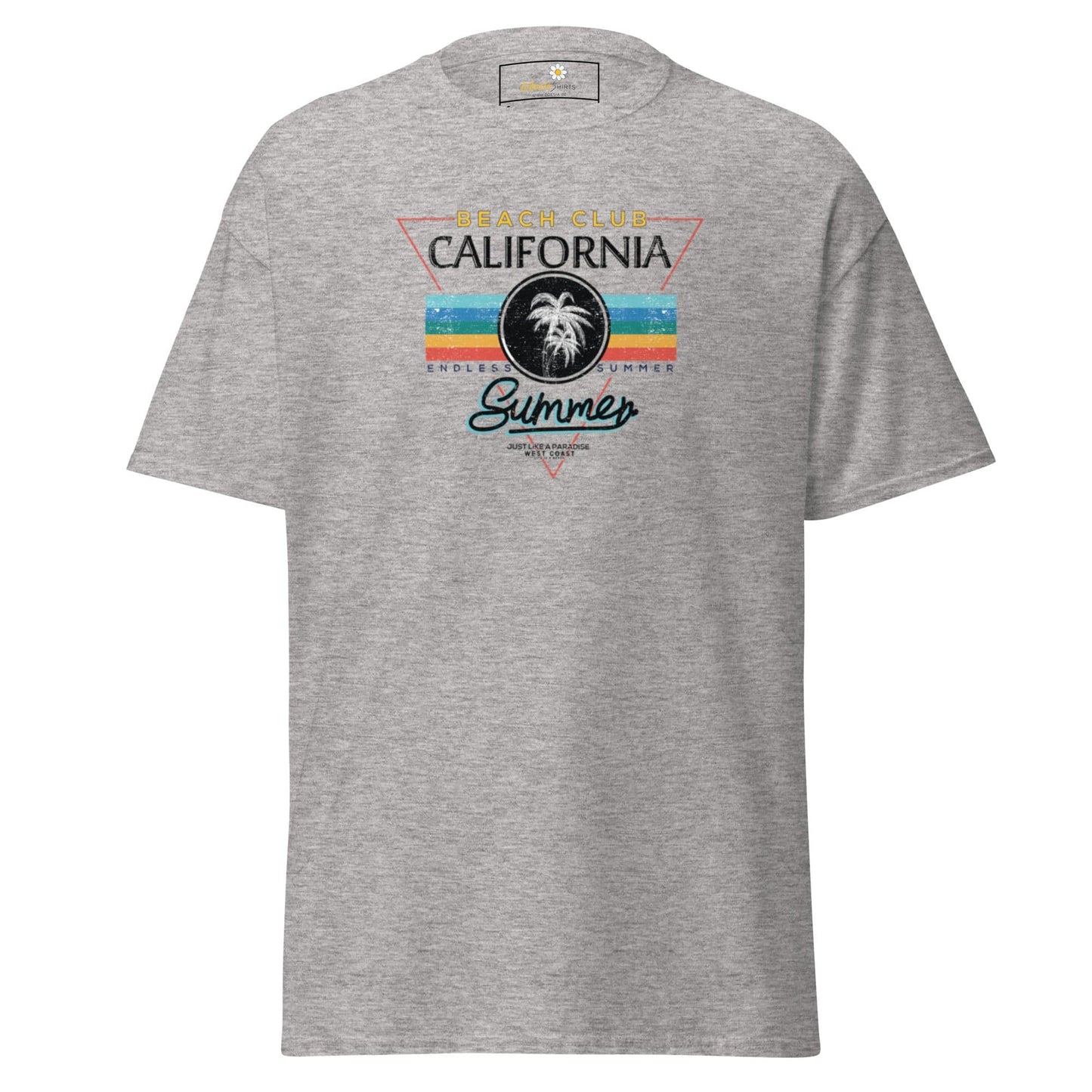 Gray t-shirt featuring California summer design for men and women in size S to XL