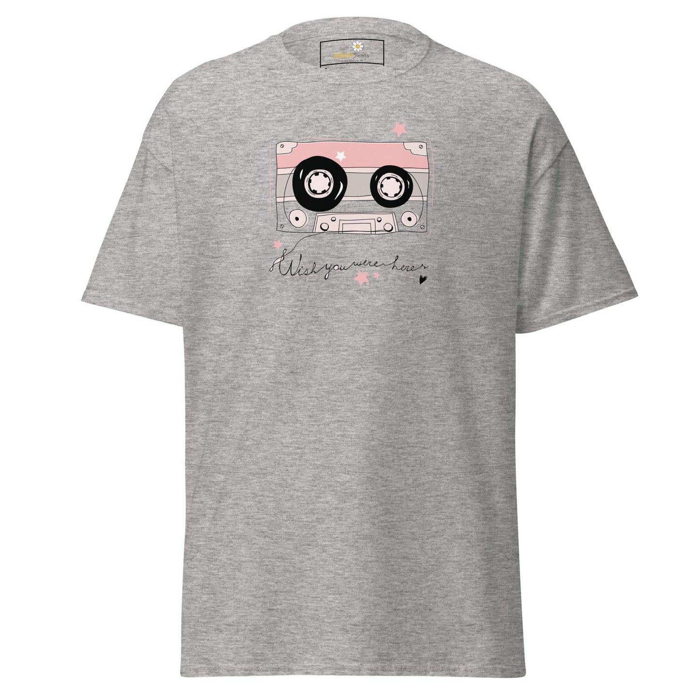 Gray T-shirt featuring a cassette tape design, suitable for men and women across sizes S to XL