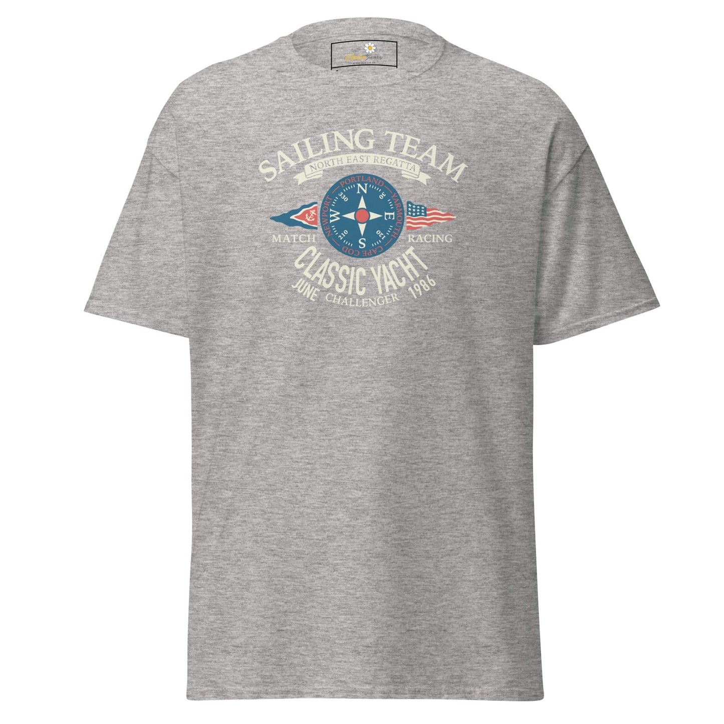 Gray T-shirt with sailing team graphic for men and women in S to XL sizes