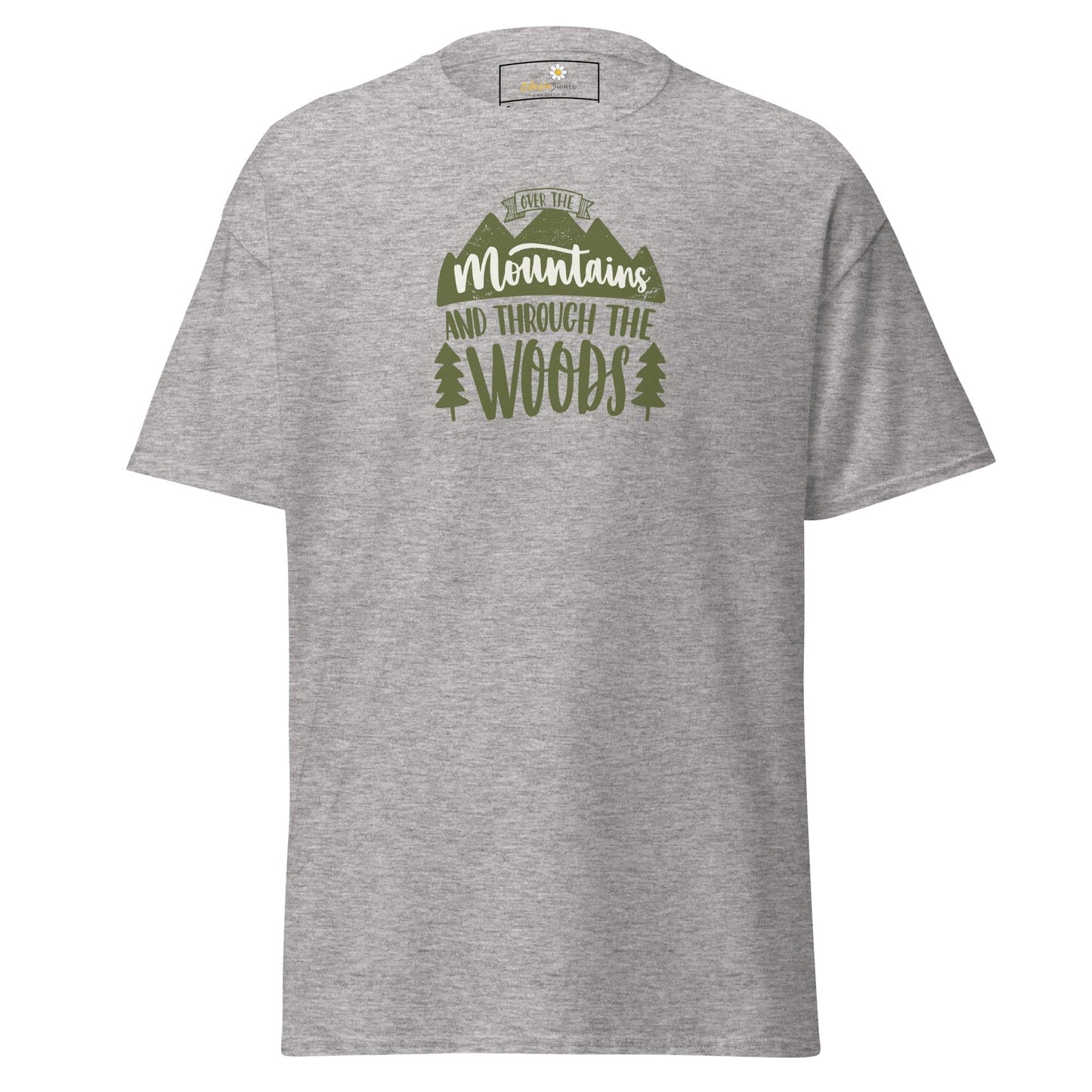 Gray T-shirt with mountain and woods graphic for men and women in S to XL sizes
