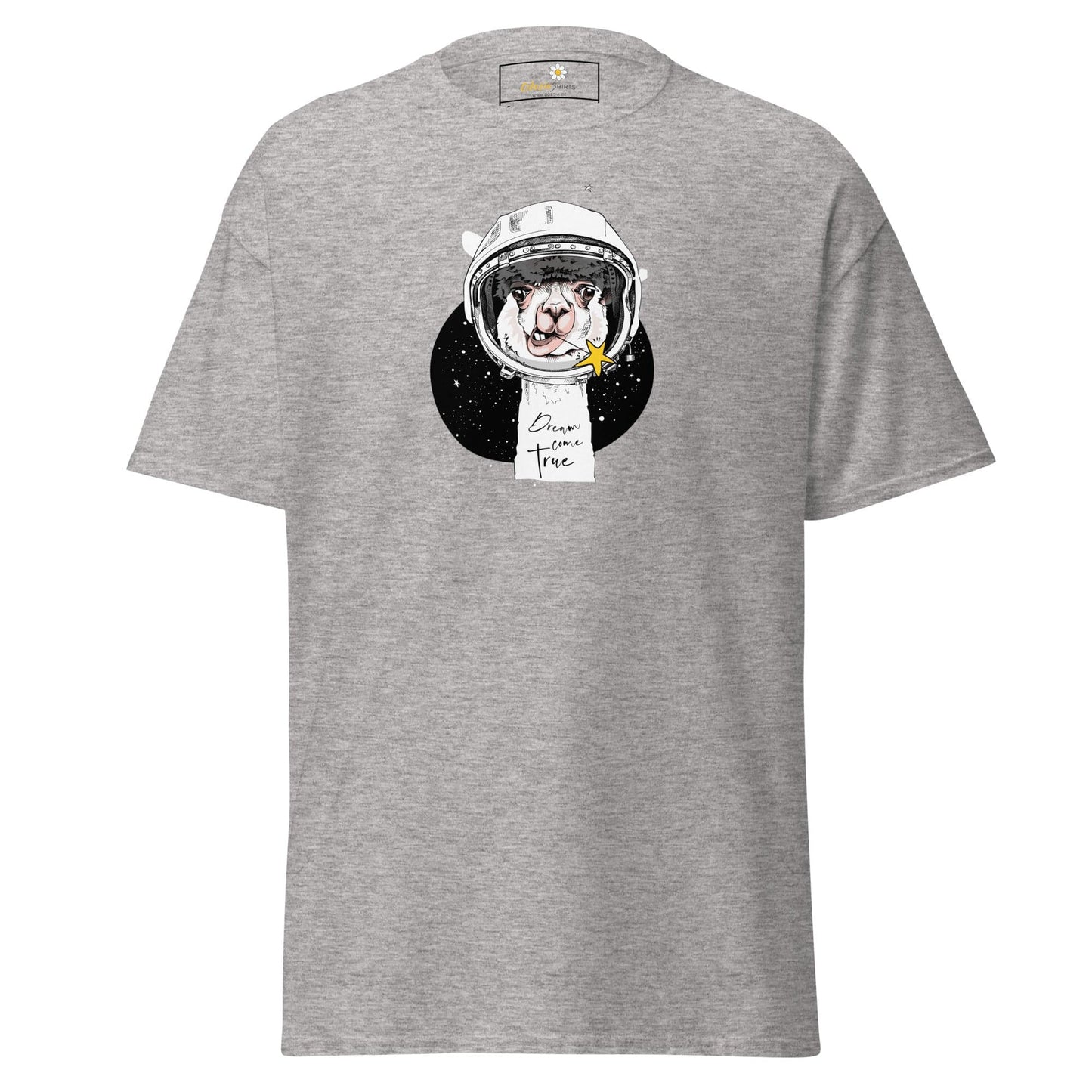 Gray T-shirt featuring astronaut llama graphic for men and women sizes S to XL