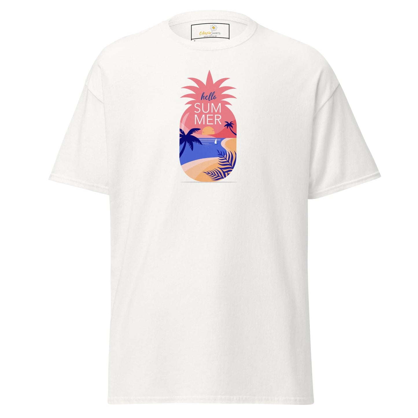 White T-shirt with summer pineapple design, suitable for men and women sizes S to XL