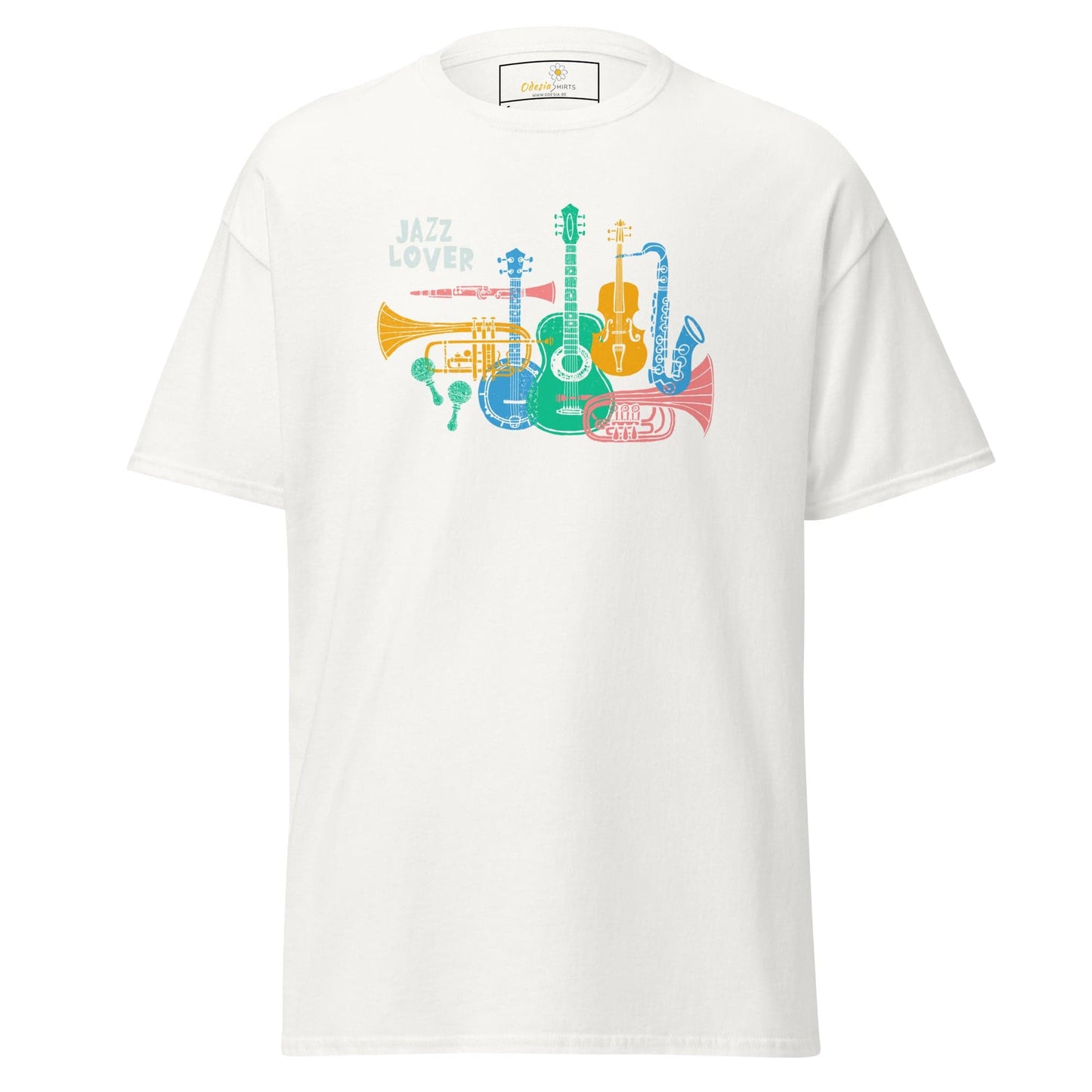 White T-shirt with colorful musical instrument graphic for men and women in sizes S to XL