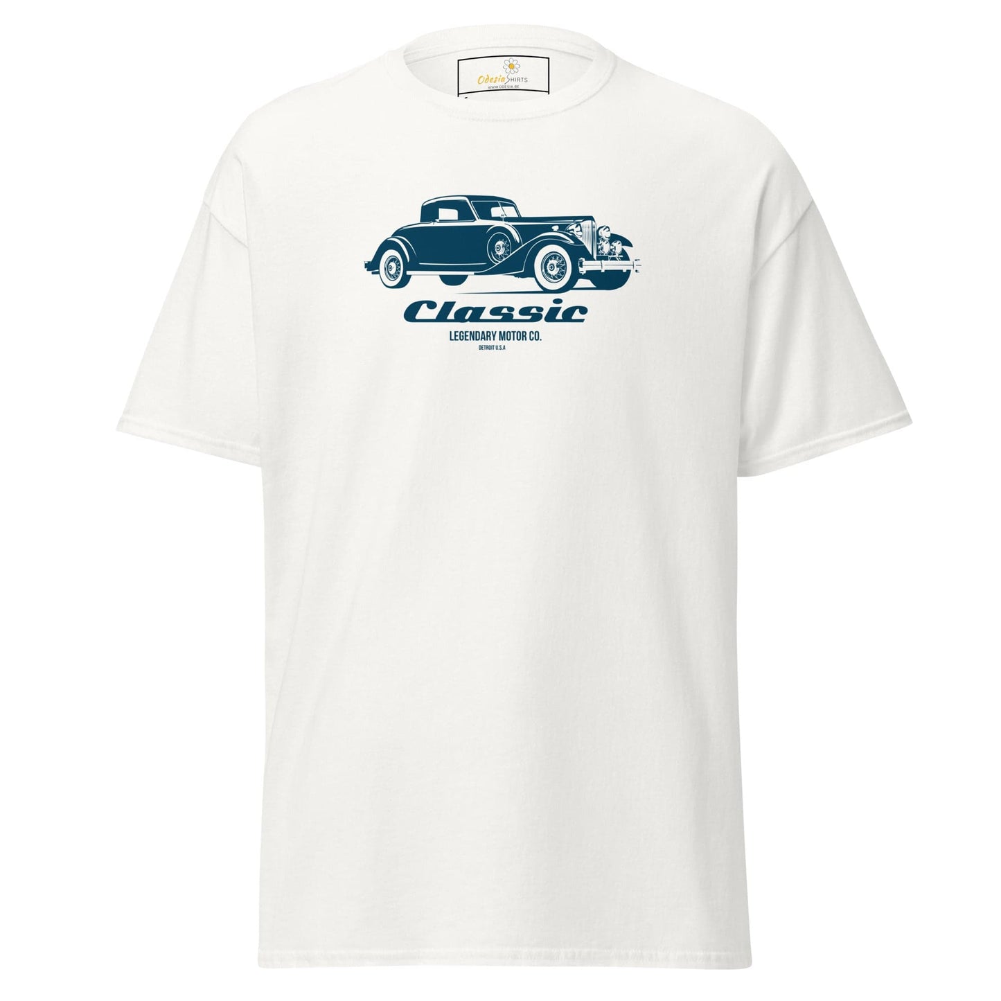 White T-shirt with classic car design available in S to XL sizes for men and women