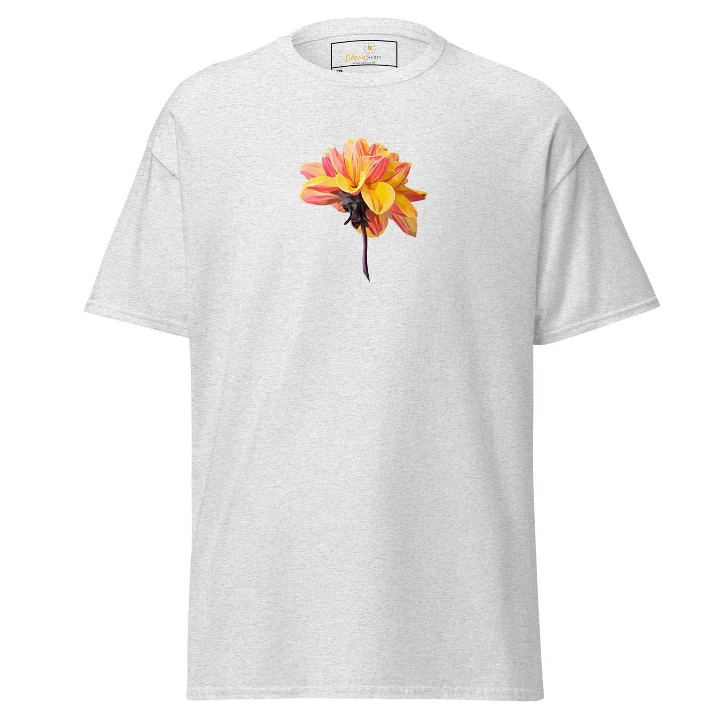 White t-shirt with flower.
