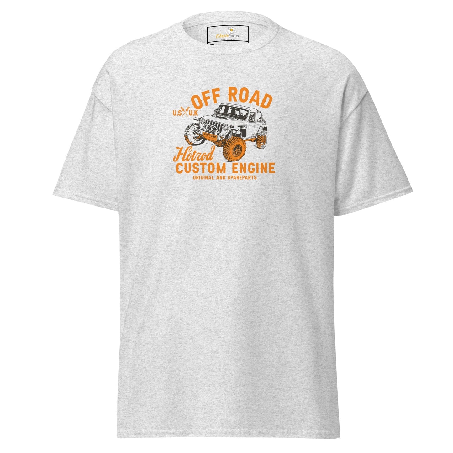 White t-shirt with off-road vehicle graphic.
