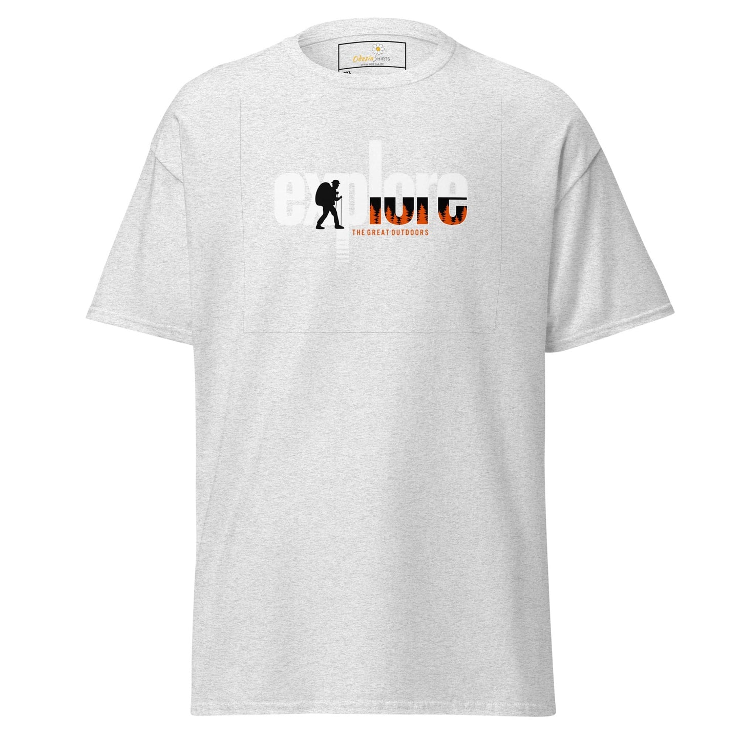 White t-shirt with ’Explore’ graphic.