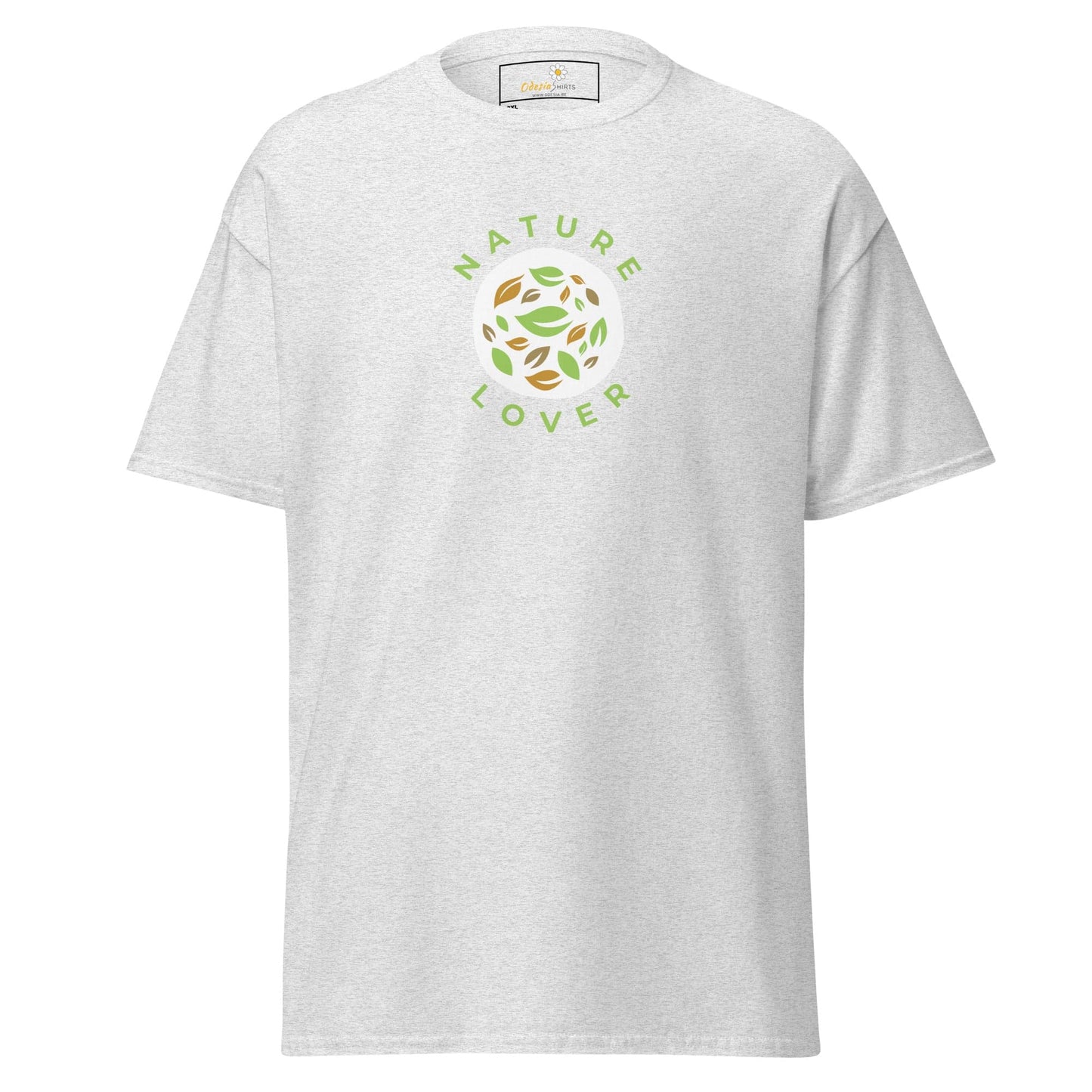 White t-shirt with nature-themed graphic.