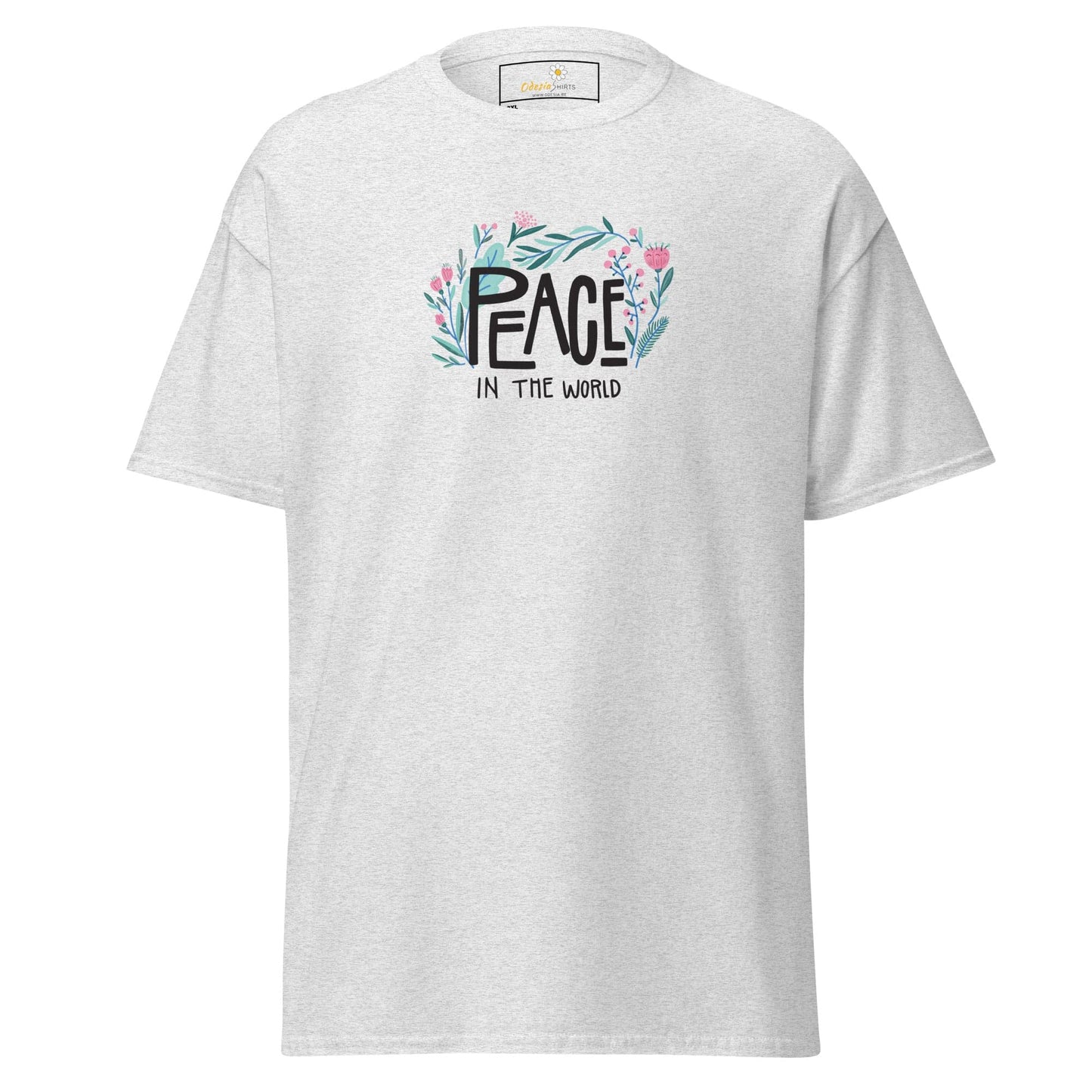 White T-shirt with Peace in the World floral design for Men and Women in 2XL to 5XL
