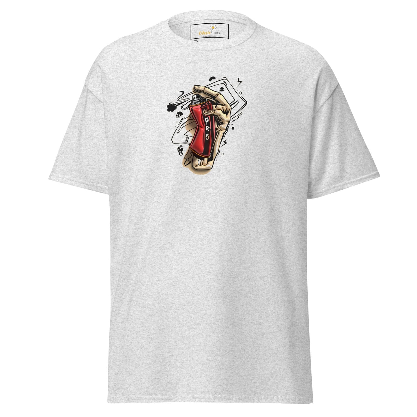 White graphic t-shirt.