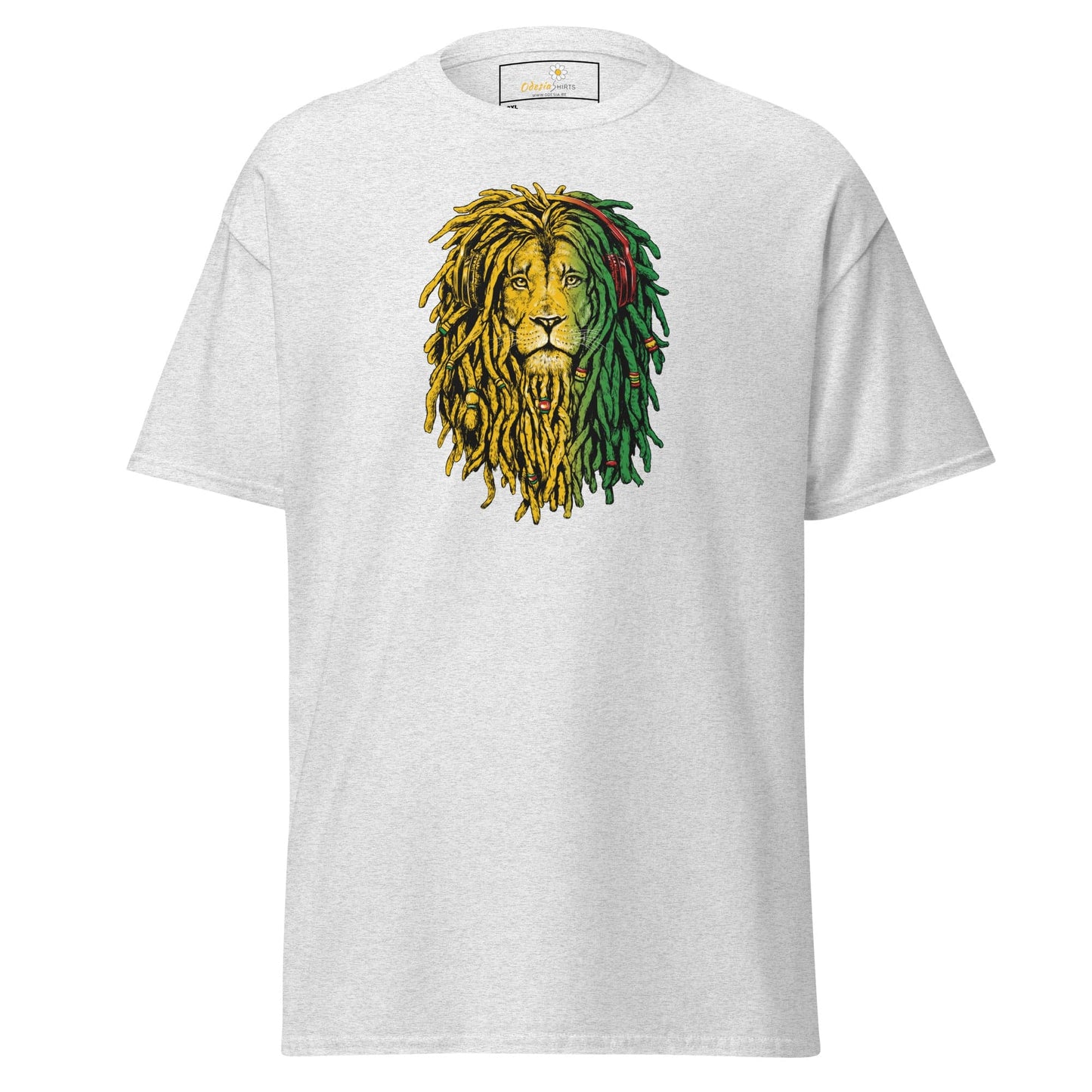 White t-shirt with lion graphic.