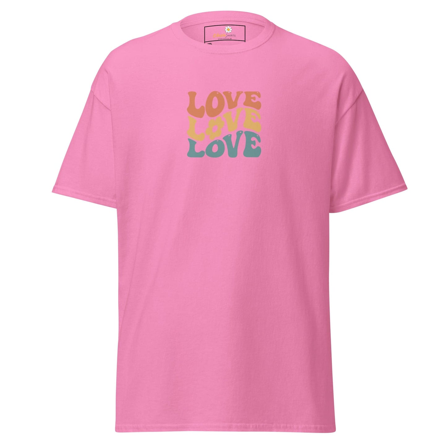 Pink t-shirt with ’love’ graphic.