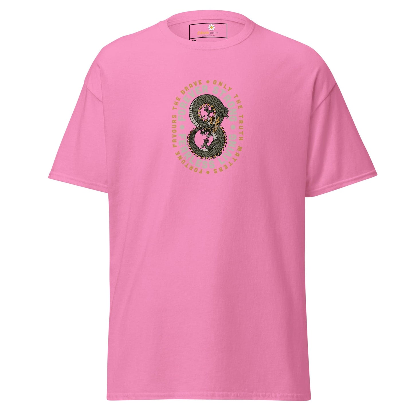 Pink t-shirt with dragon design.