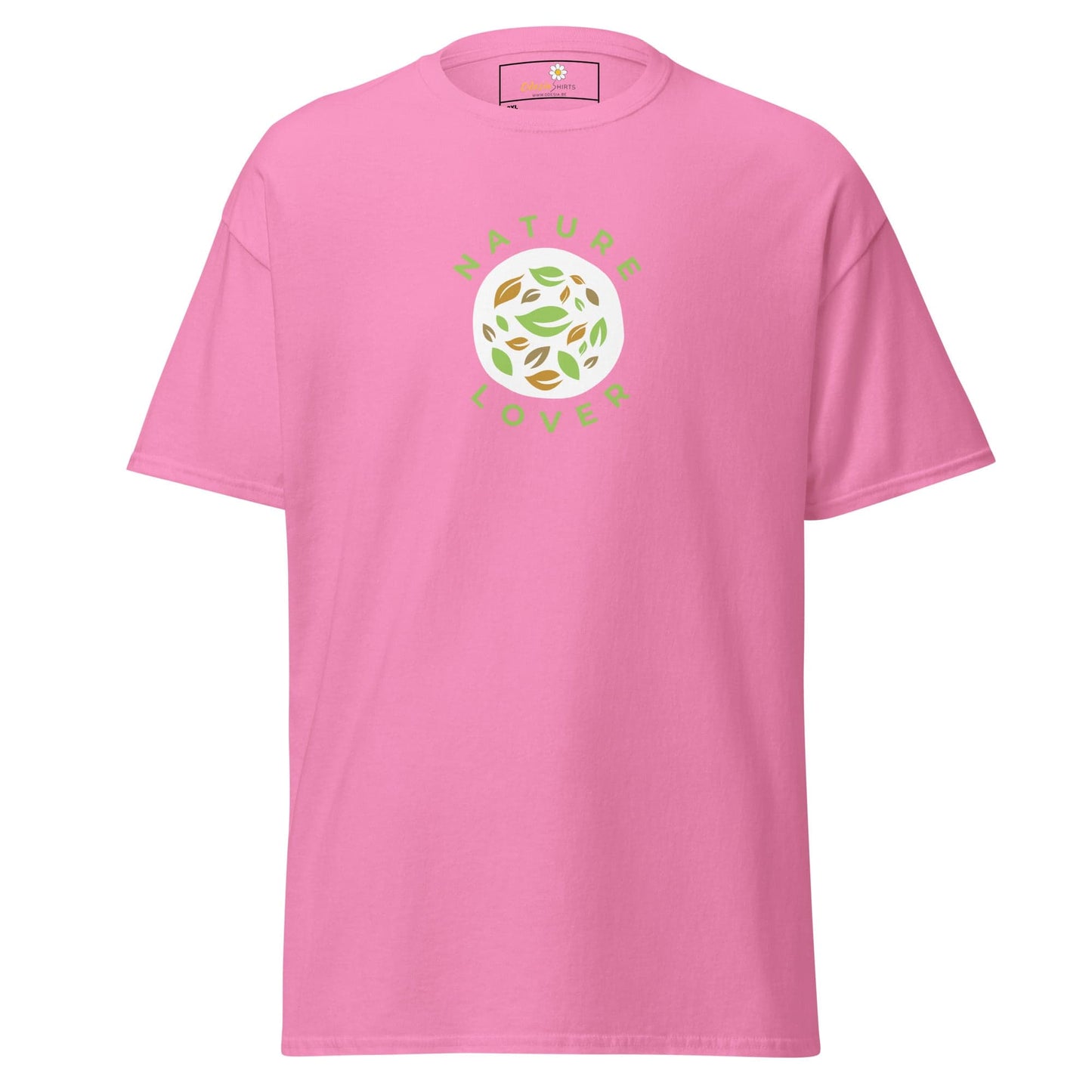 Pink t-shirt with a circular leaf design.