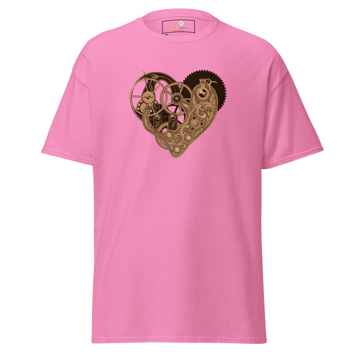 Pink T-shirt with steampunk heart design, available in Men and Women sizes 2XL to 5XL