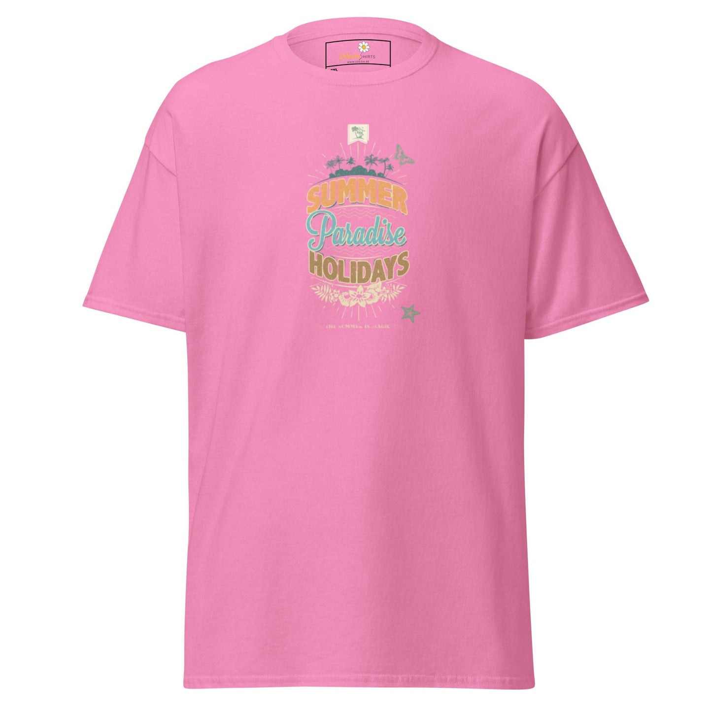 Pink t-shirt with a summer-themed graphic.